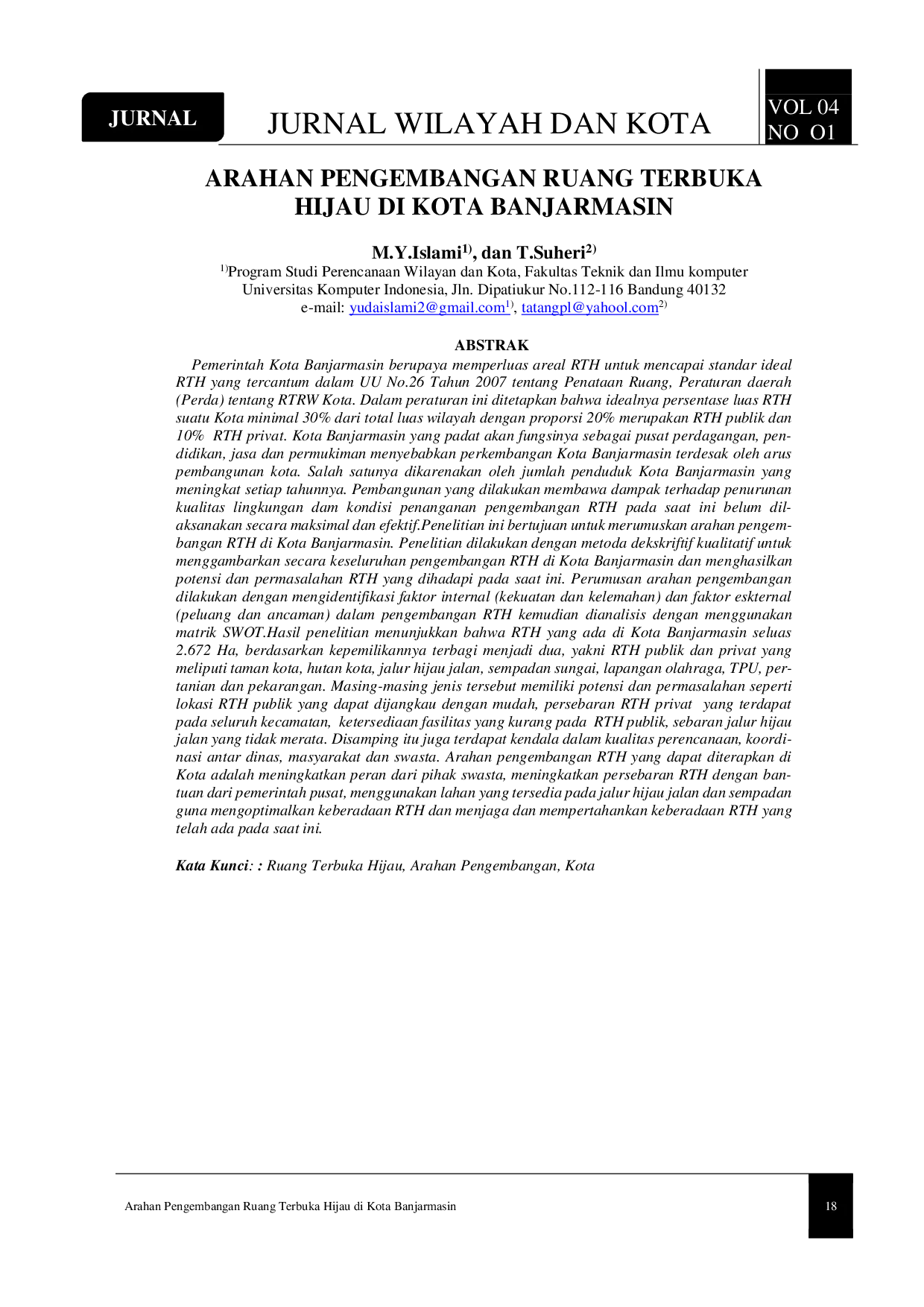 JURIS Arahan Pengembangan Ruang Terbuka Hijau di Kota Banjarmasin