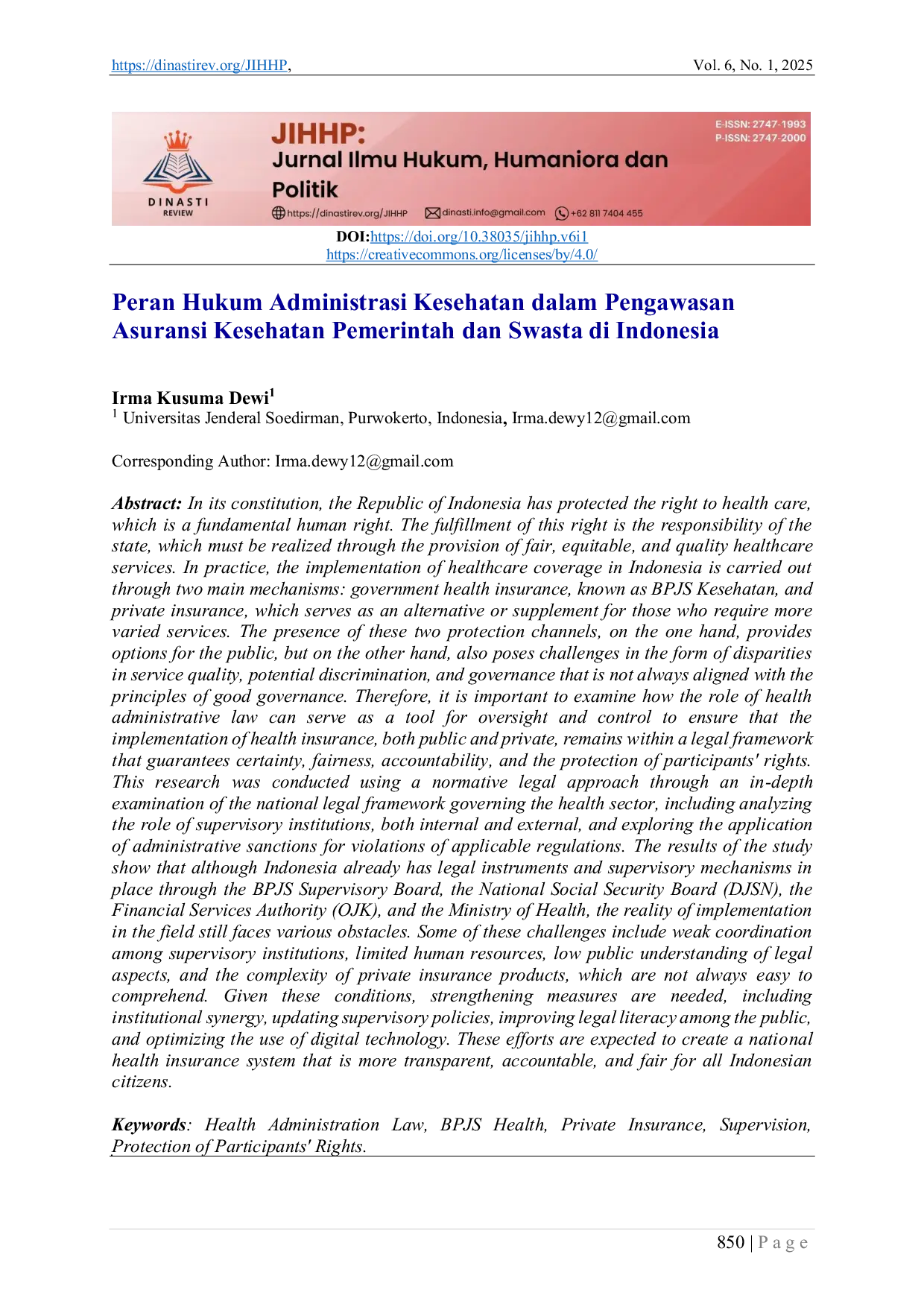 JURIS Peran Hukum Administrasi Kesehatan dalam Pengawasan Asuransi Kesehatan Pemerintah dan Swasta di Indonesia
