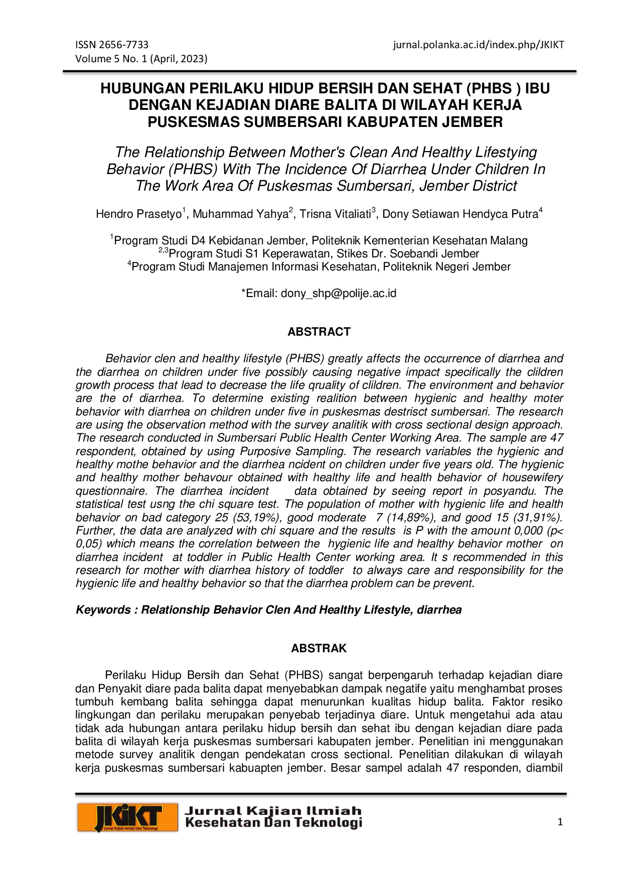 JURIS Hubungan Perilaku Hidup Bersih dan Sehat PHBS Ibu Dengan Kejadian Diare Balita di Wilayah Kerja Puskesmas Sumbersari Kabupaten Jember