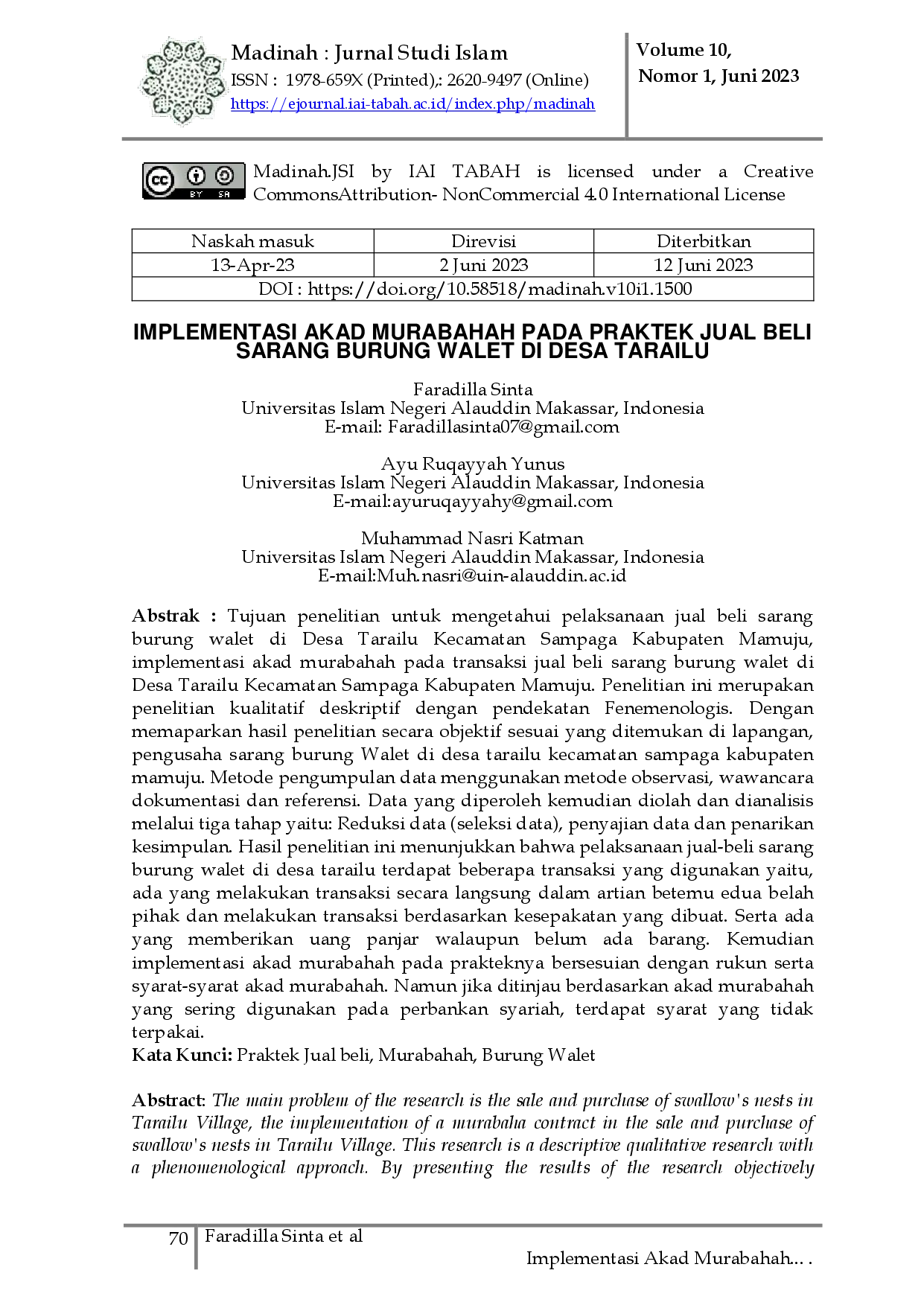 juris Implementasi Akad Murabahah Pada Praktek Jual Beli Sarang Burung Walet di Desa Tarailu