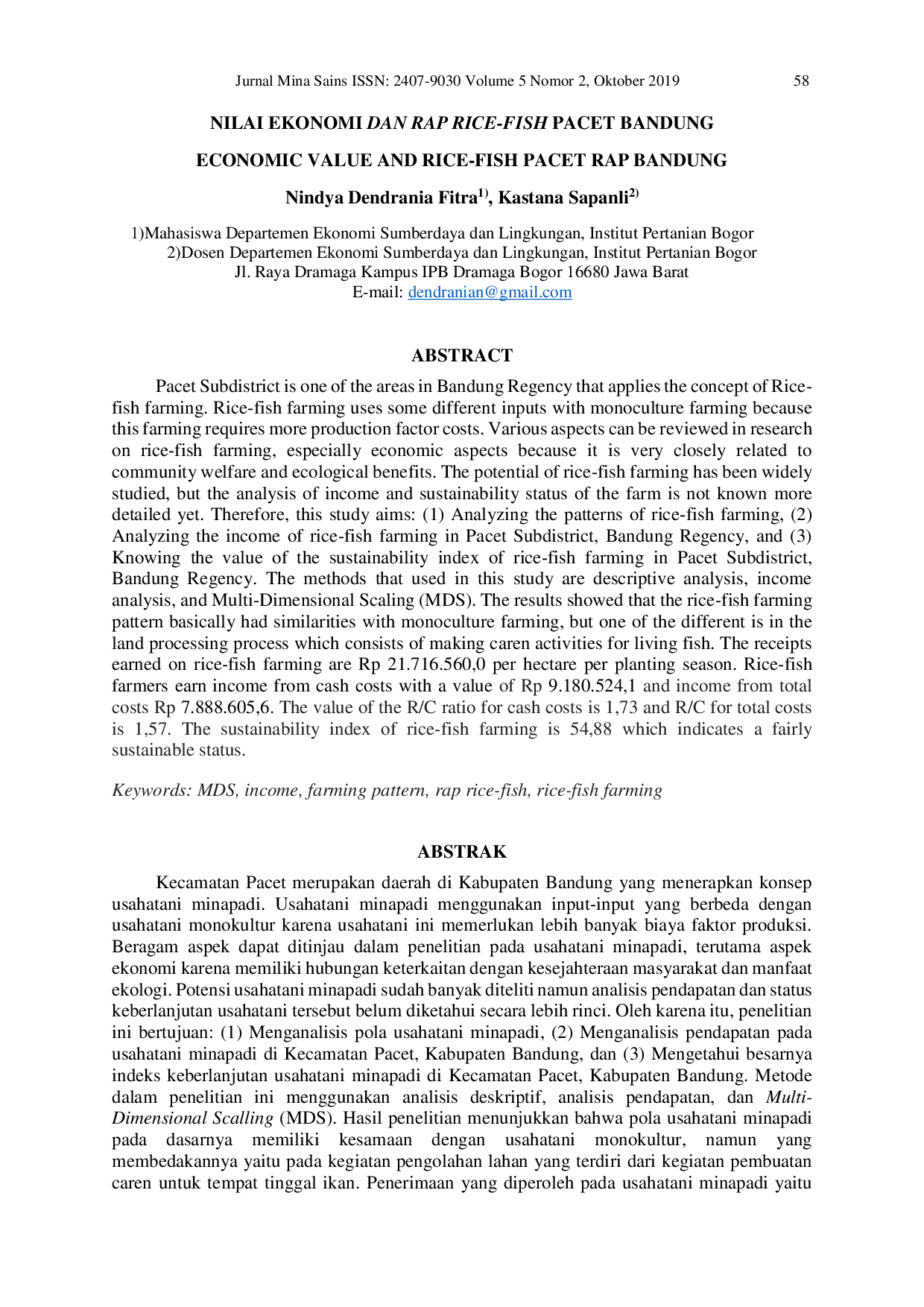 JURIS Nilai Ekonomi Dan Rap Rice Fish Pacet Bandung