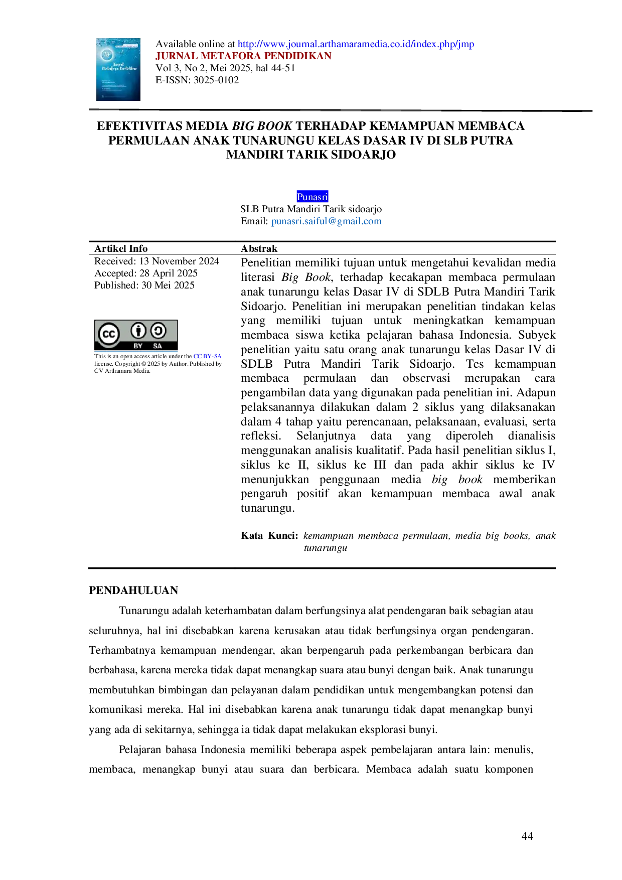 JURIS Efektivitas Media Big Book terhadap Kemampuan Membaca Permulaan Anak Tunarungu Kelas Dasar IV di SLB Putra Mandiri Tarik Sidoarjo