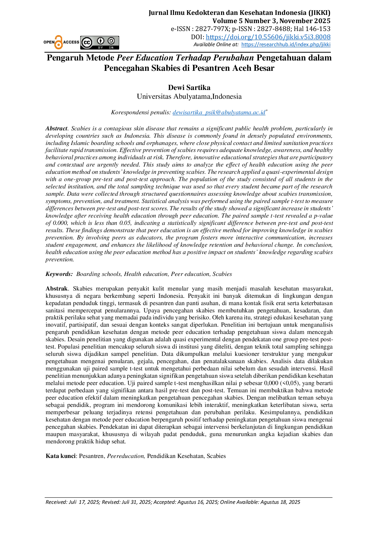 JURIS Pengaruh Metode Peer Education Terhadap Perubahan Pengetahuan dalam Pencegahan Skabies di Pesantren Aceh Besar