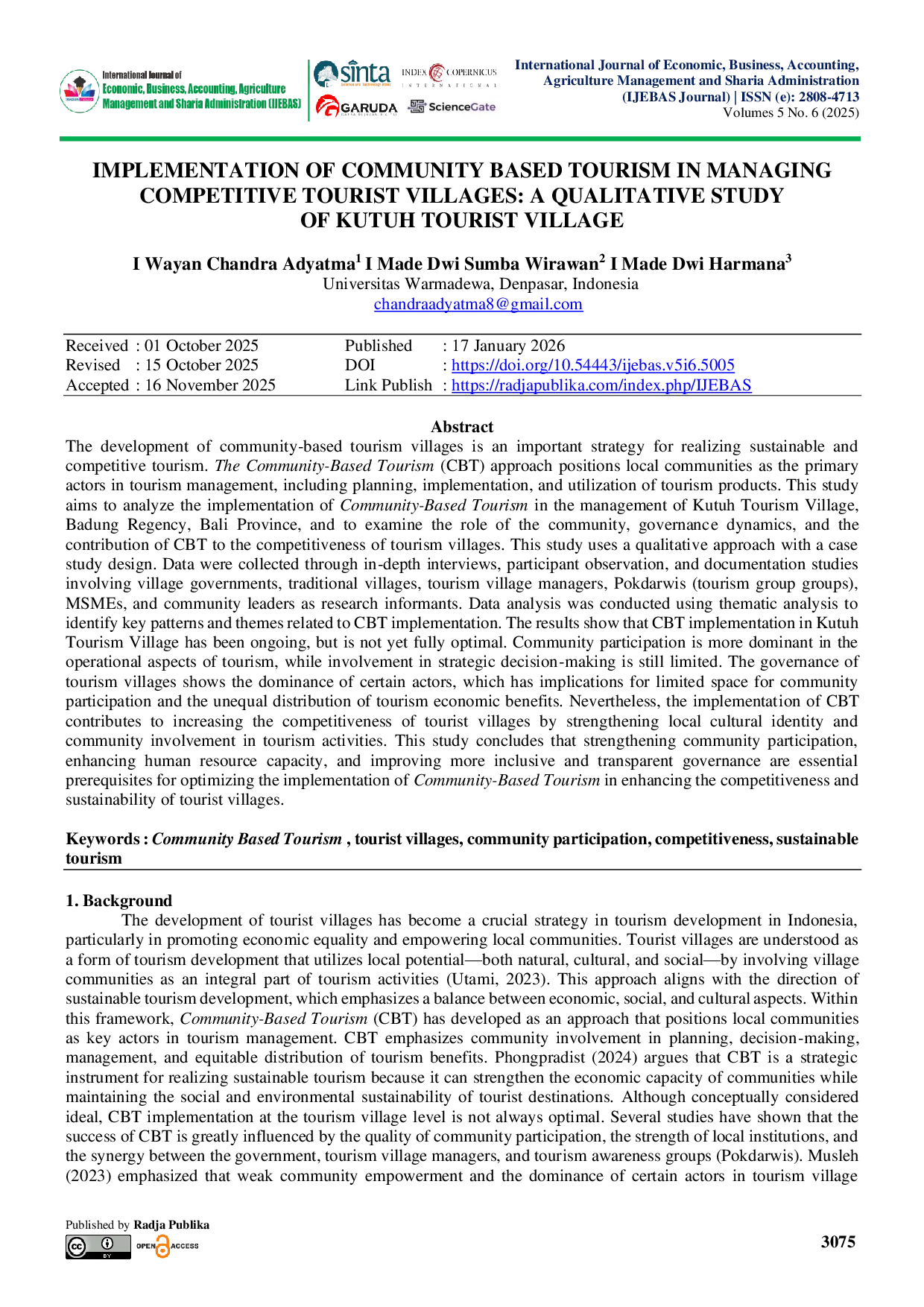 JURIS IMPLEMENTATION OF COMMUNITY BASED TOURISM IN MANAGING COMPETITIVE TOURIST VILLAGES A QUALITATIVE STUDY OF KUTUH TOURIST VILLAGE