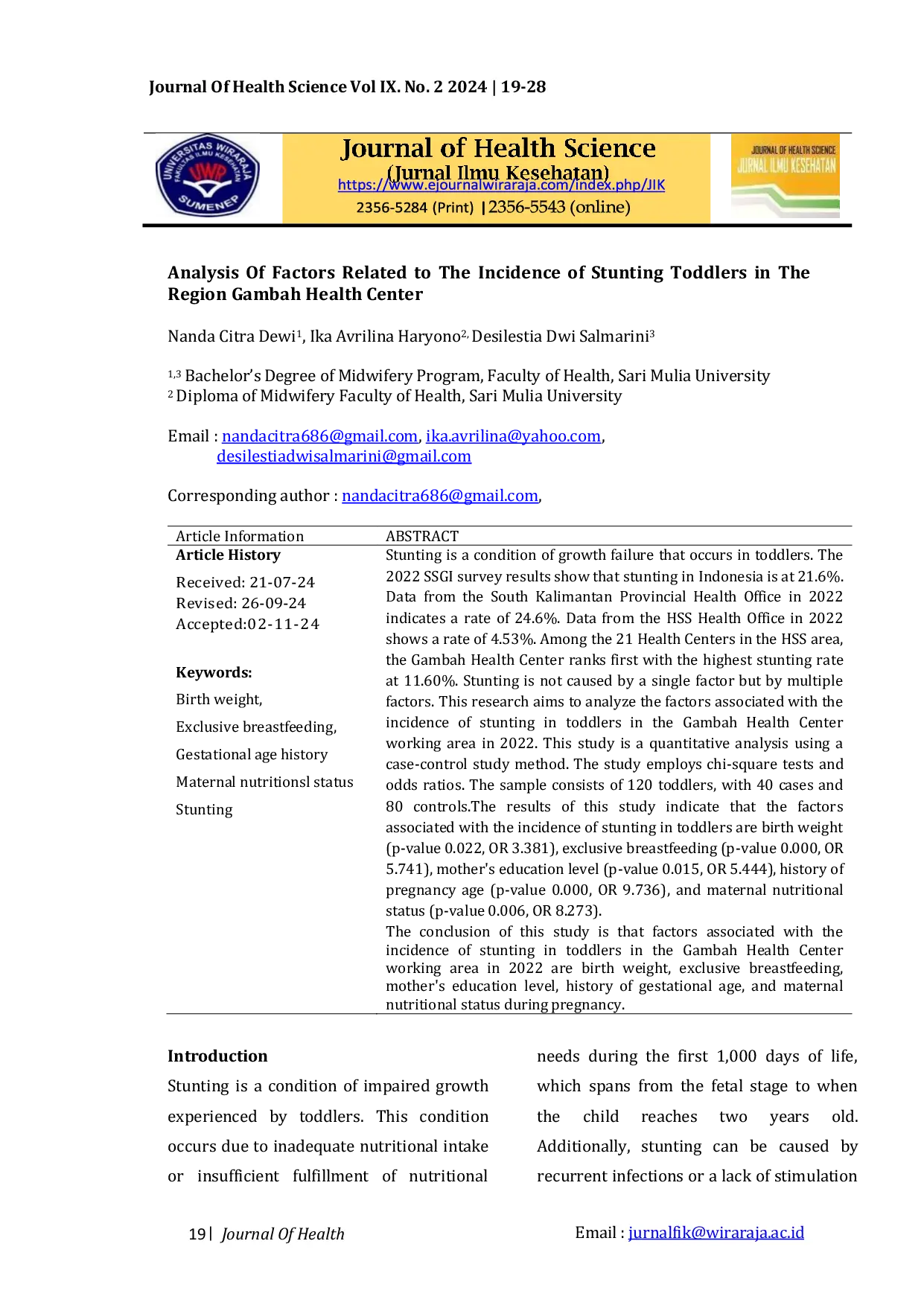 JURIS Analysis Of Factors Related to The Incidence of Stunting Toddlers in The Region Gambah Health Center