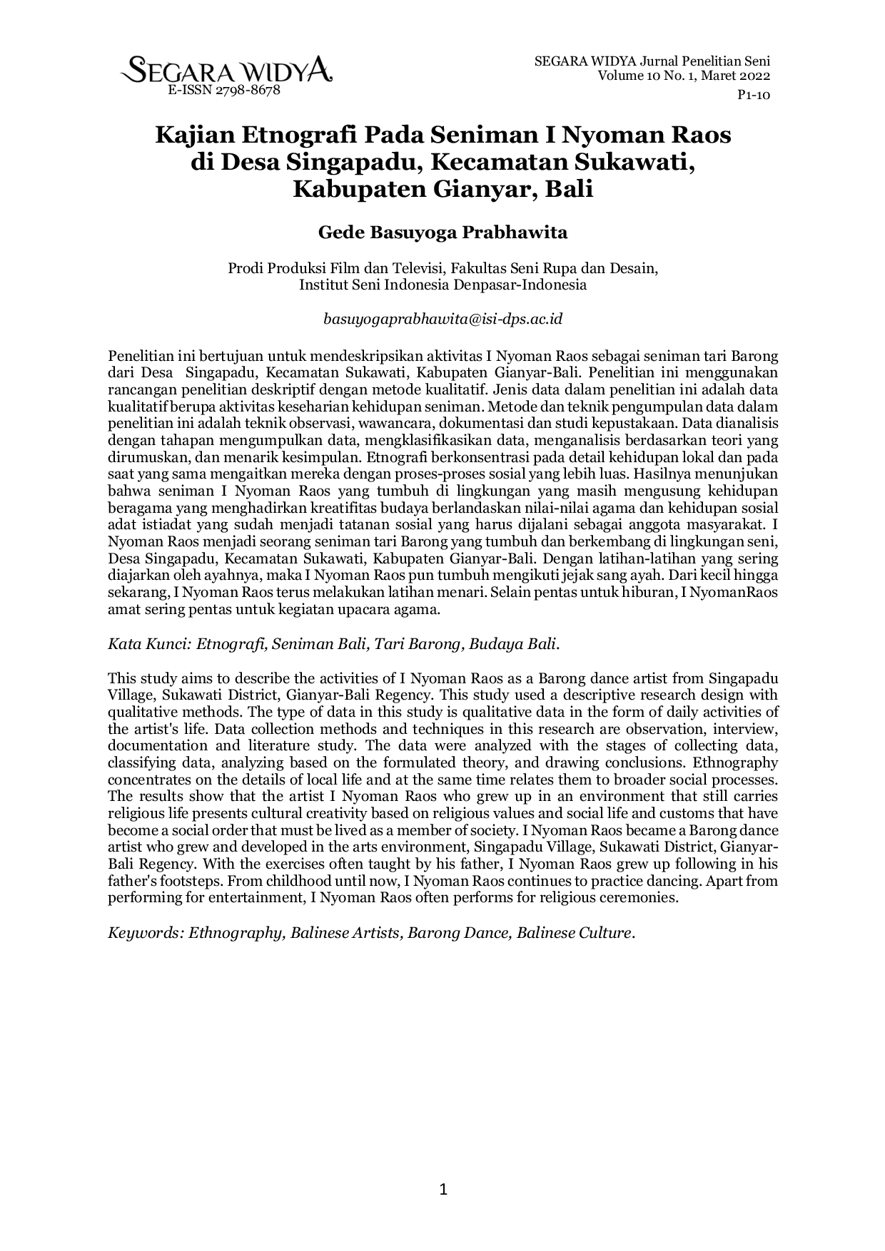 JURIS Kajian Etnografi Pada Seniman I Nyoman Raos di Desa Singapadu Kecamatan Sukawati Kabupaten Gianyar Bali