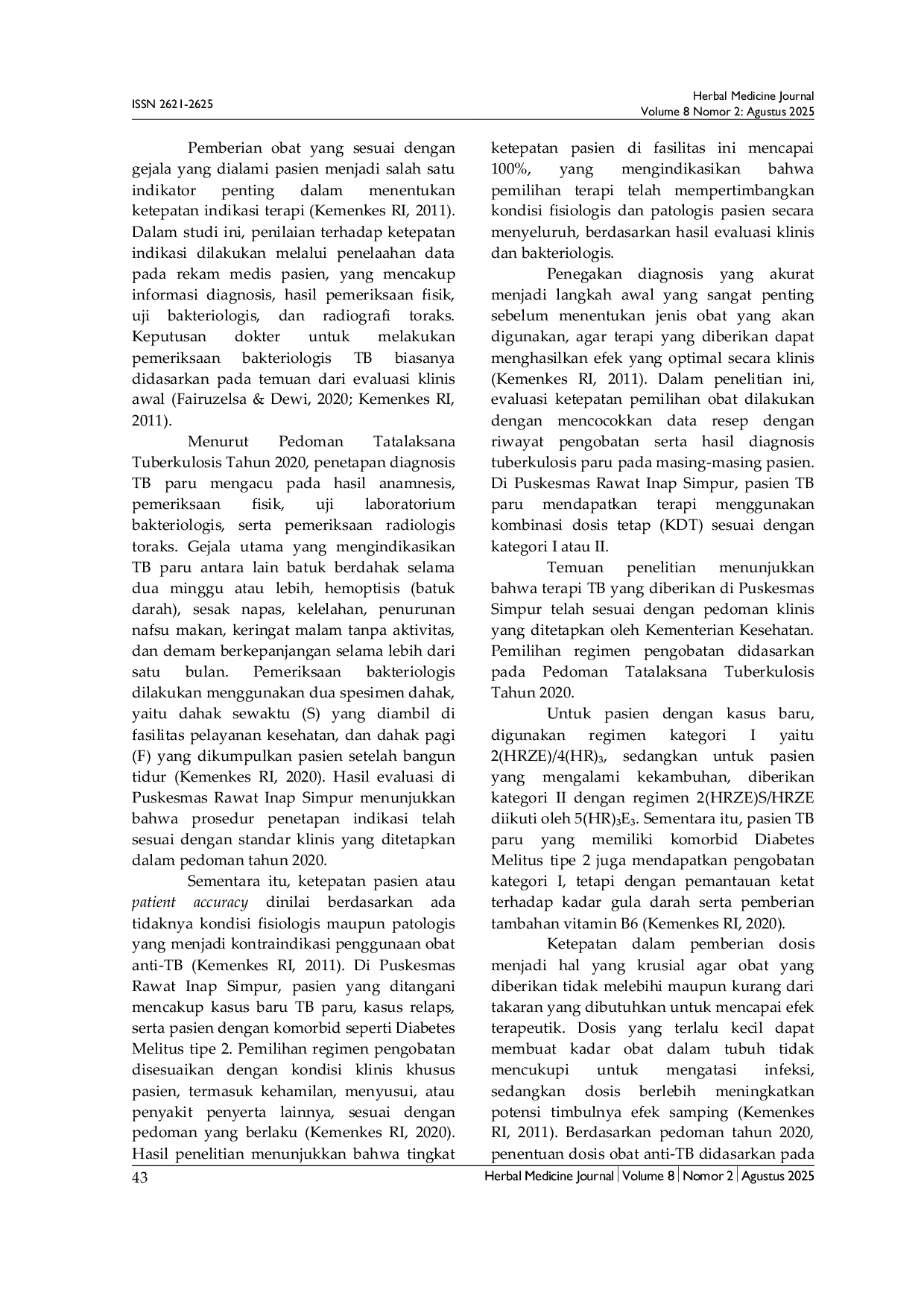 JURIS Evaluasi Penggunaan Obat Antituberkulosis di Puskesmas Simpur Bandar Lampung