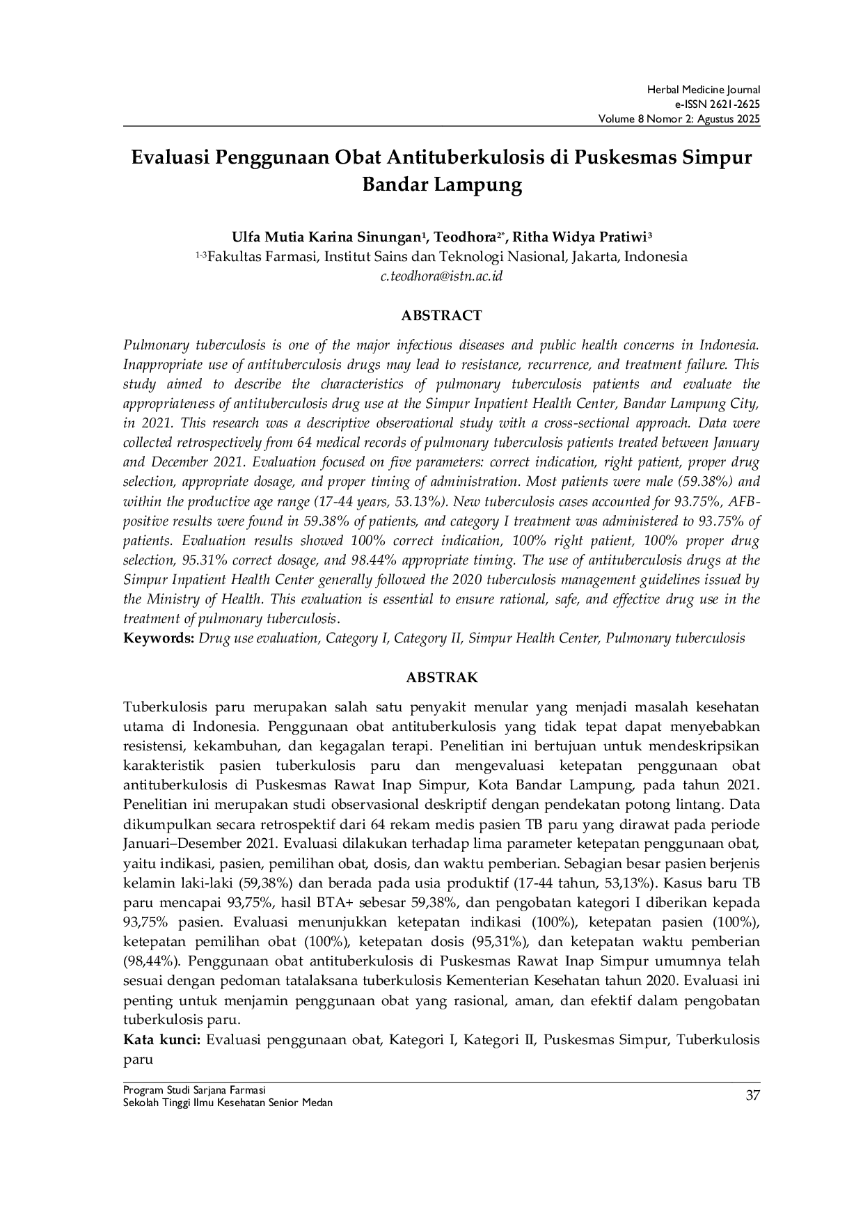 JURIS Evaluasi Penggunaan Obat Antituberkulosis di Puskesmas Simpur Bandar Lampung
