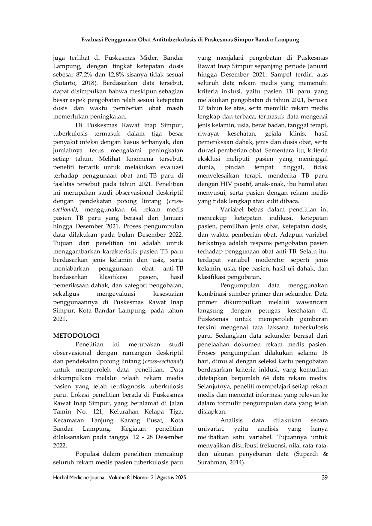 JURIS Evaluasi Penggunaan Obat Antituberkulosis di Puskesmas Simpur Bandar Lampung