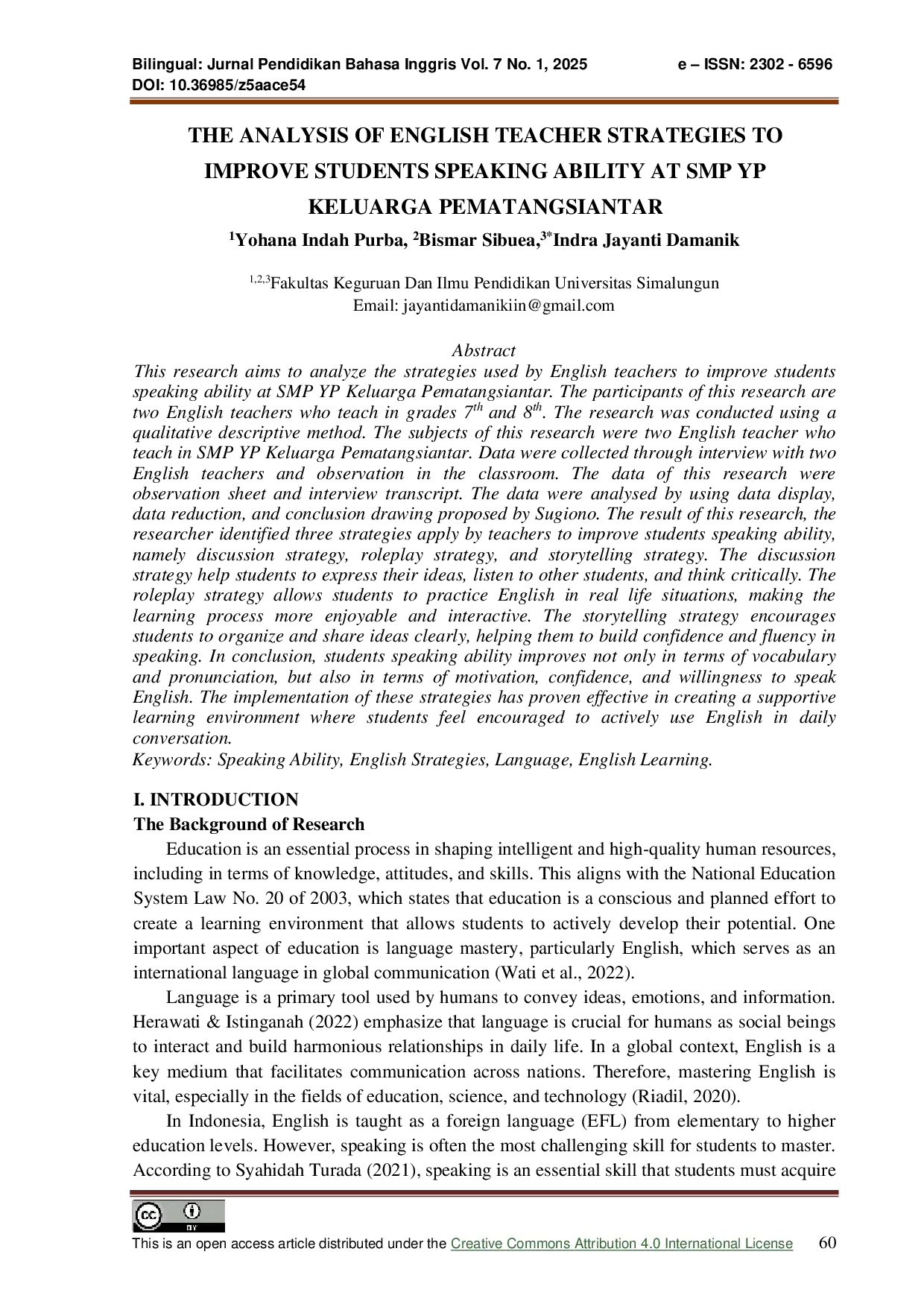 JURIS The Analysis of English Teacher Strategies to Improve Students Speaking Ability at SMP YP Keluarga Pematangsiantar