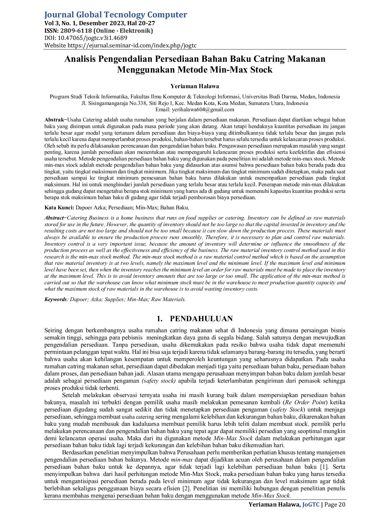 JURIS Analisis Pengendalian Persediaan Bahan Baku Catring Makanan Menggunakan Metode Min Max Stock