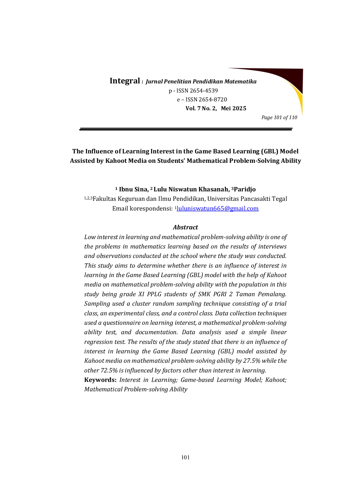 JURIS Pengaruh Minat Belajar dalam Model Game Based Learning GBL dengan Bantuan Media Kahoot terhadap Kemampuan Pemecahan Masalah Matematis
