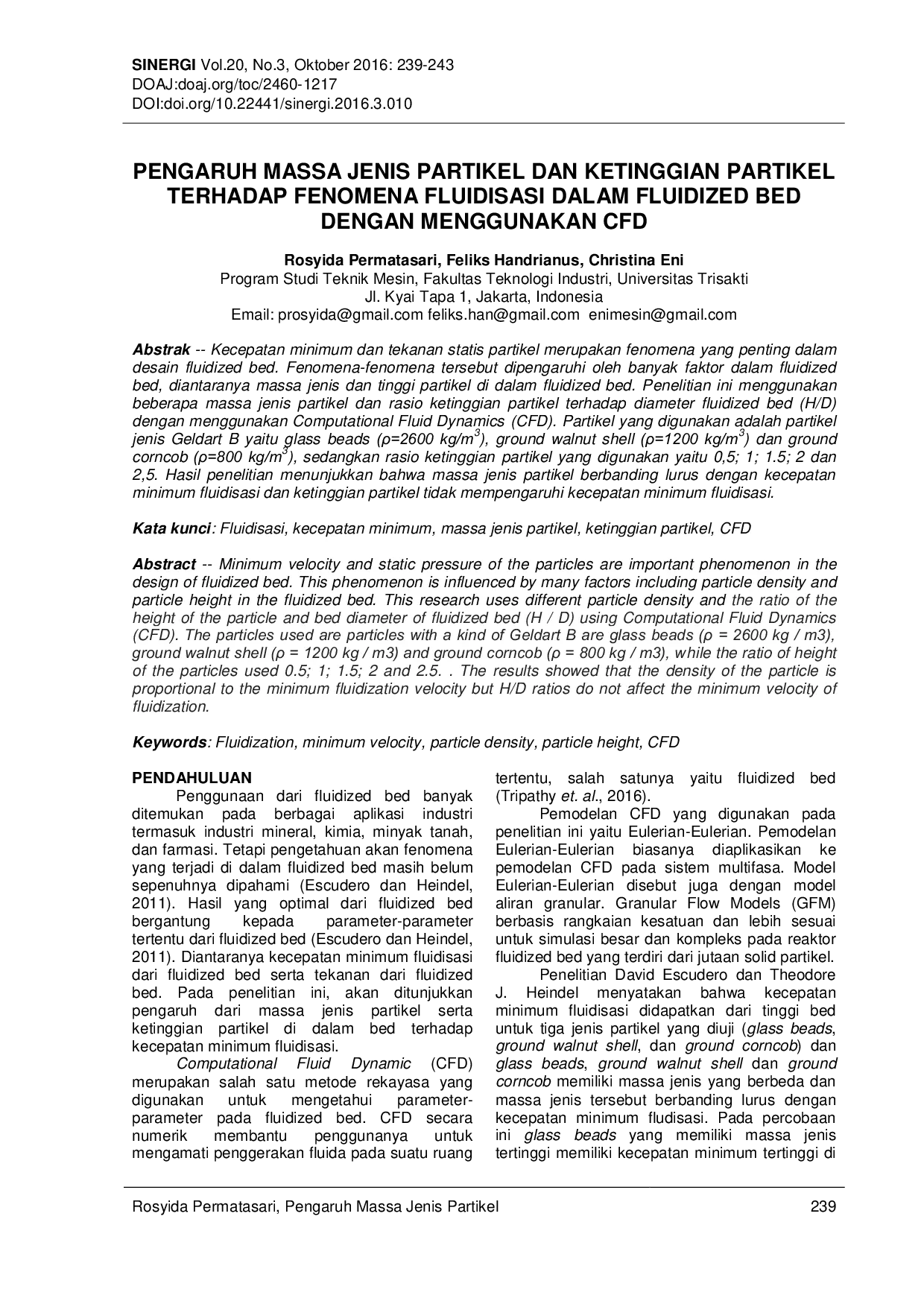 JURIS Pengaruh Massa Jenis Partikel Dan Ketinggian Partikel Terhadap Fenomena Fluidisasi Dalam Fluidized Bed Dengan Menggunakan CFD