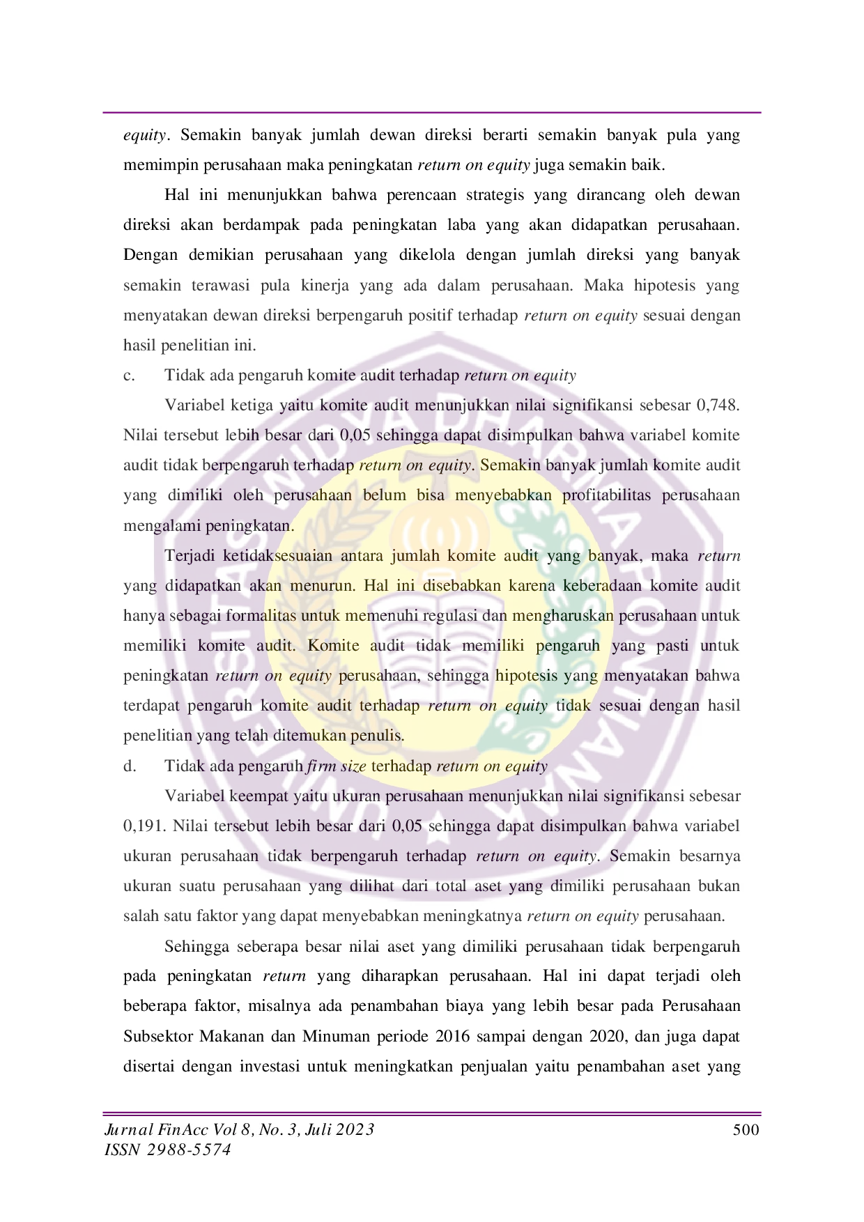 JURIS Pengaruh Good Corporate Governance Firm Size dan Sales Growth terhadap Return on Equity pada Perusahaan Subsektor Makanan dan Minuman di Bursa Efek Indonesia