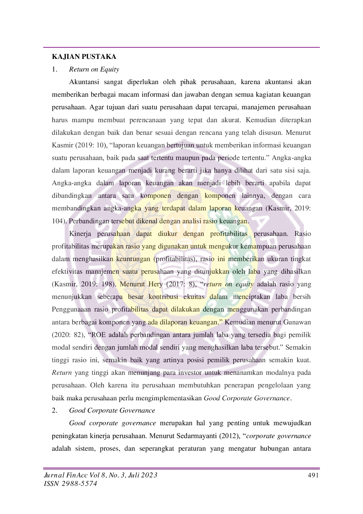 JURIS Pengaruh Good Corporate Governance Firm Size dan Sales Growth terhadap Return on Equity pada Perusahaan Subsektor Makanan dan Minuman di Bursa Efek Indonesia