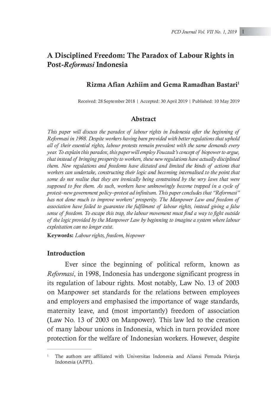 JURIS A Disciplined Freedom The Paradox of Labour Rights in Post Reformasi Indonesia