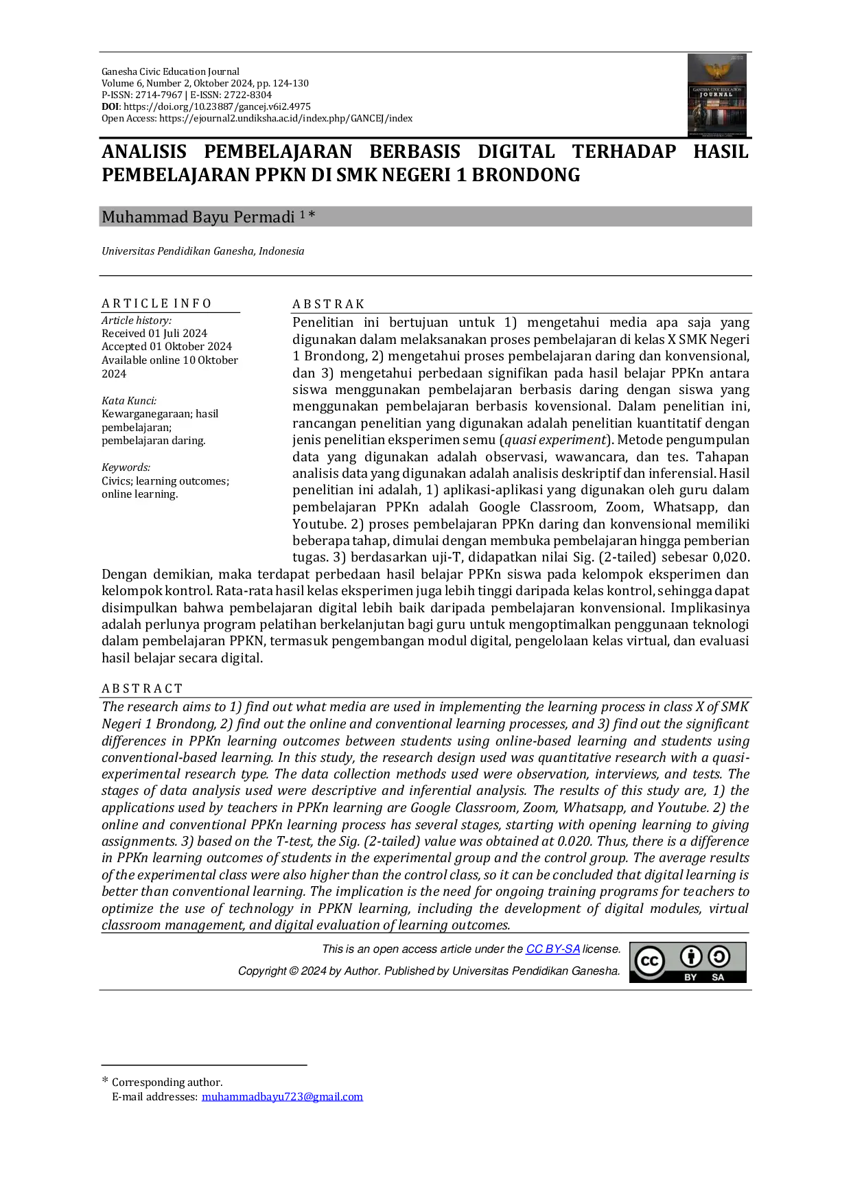 JURIS Analisis Pembelajaran Berbasis Digital Terhadap Hasil Pembelajaran PPKn Di SMK Negeri 1 Brondong
