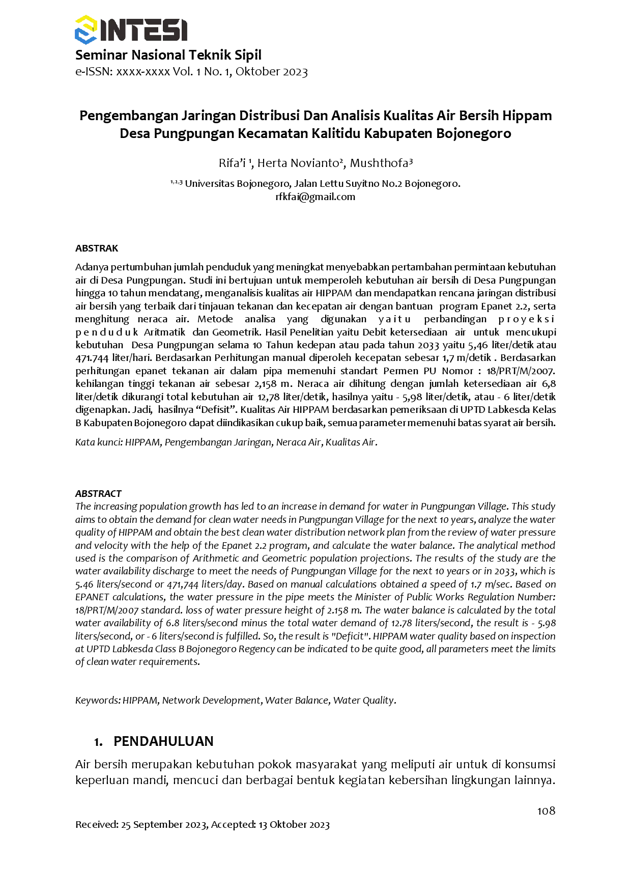 juris Pengembangan Jaringan Distribusi Dan Analisis Kualitas Air Bersih Hippam Desa Pungpungan Kecamatan Kalitidu Kabupaten Bojonegoro