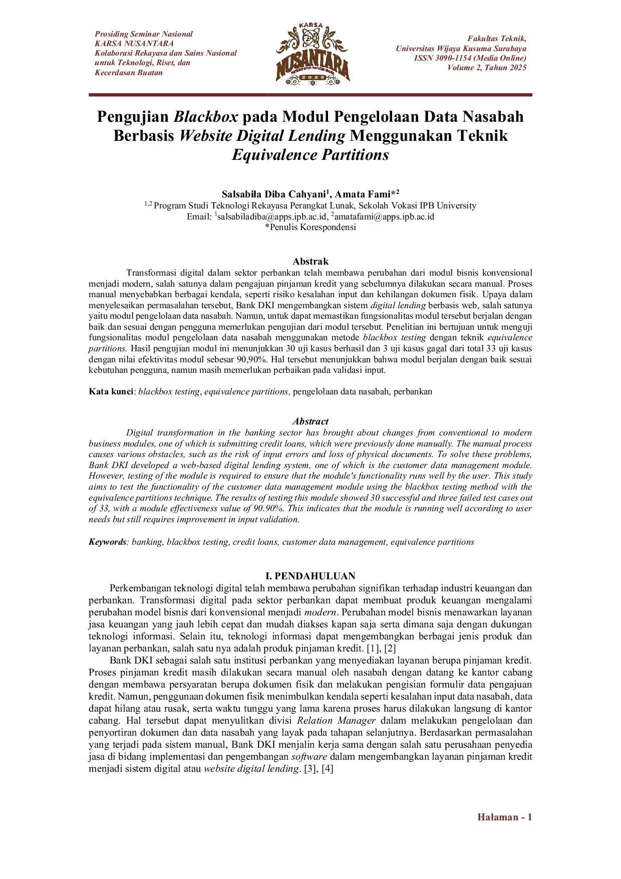 JURIS Blackbox Testing of a Web Based Digital Lending Module for Customer Data Management Using the Equivalence Partitioning Technique