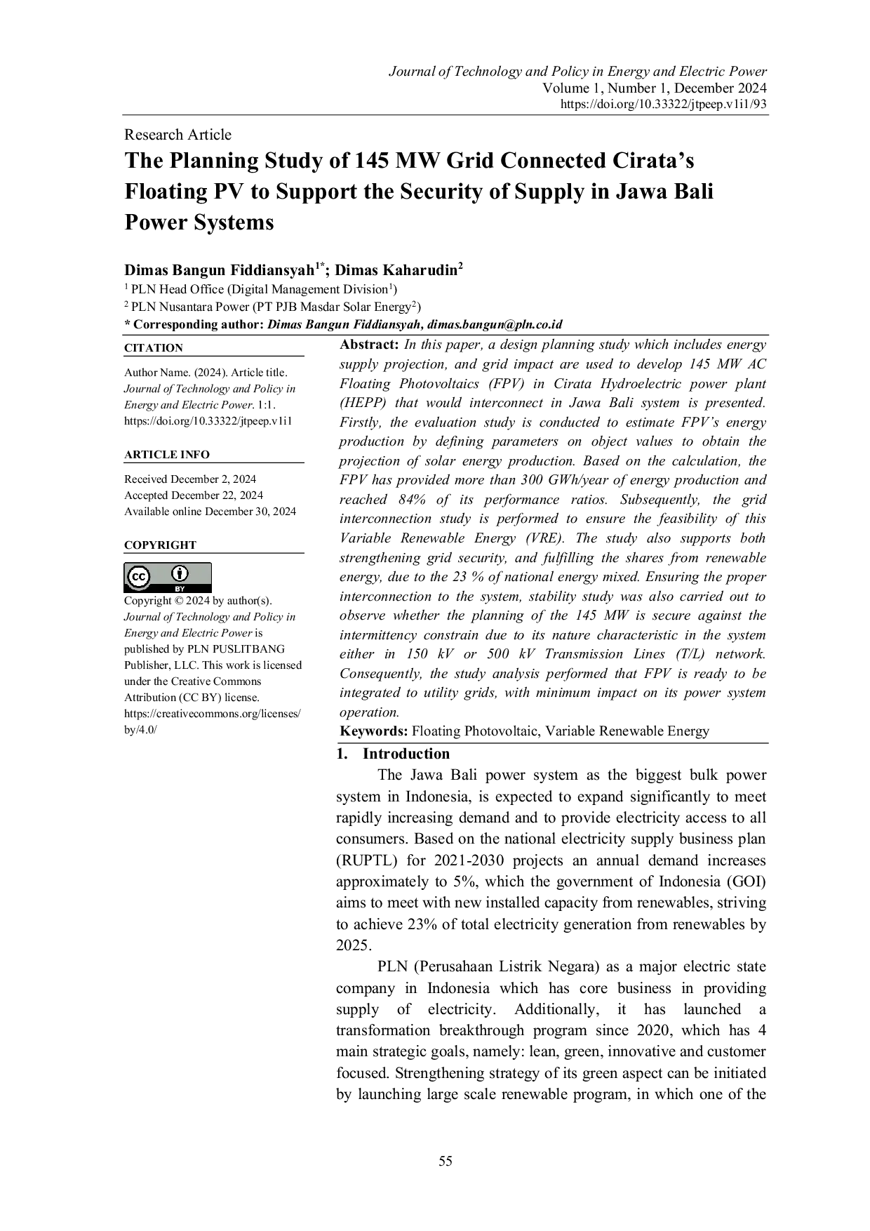 JURIS The Planning Study of 145 MW Grid Connected Cirata s Floating PV to Support the Security of Supply in Jawa Bali Power Systems