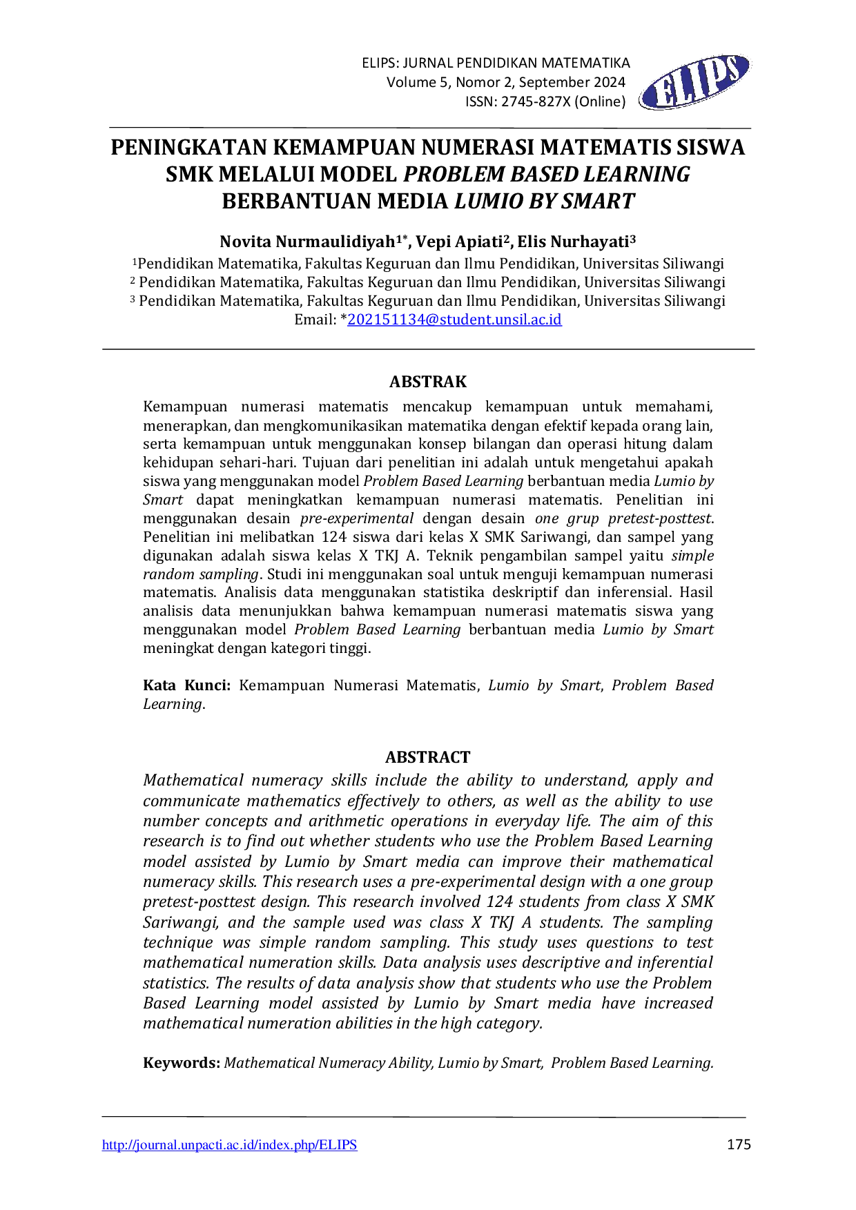 JURIS Peningkatan Kemampuan Numerasi Matematis Siswa Smk Melalui Model Problem Based Learning Berbantuan Media Lumio By Smart