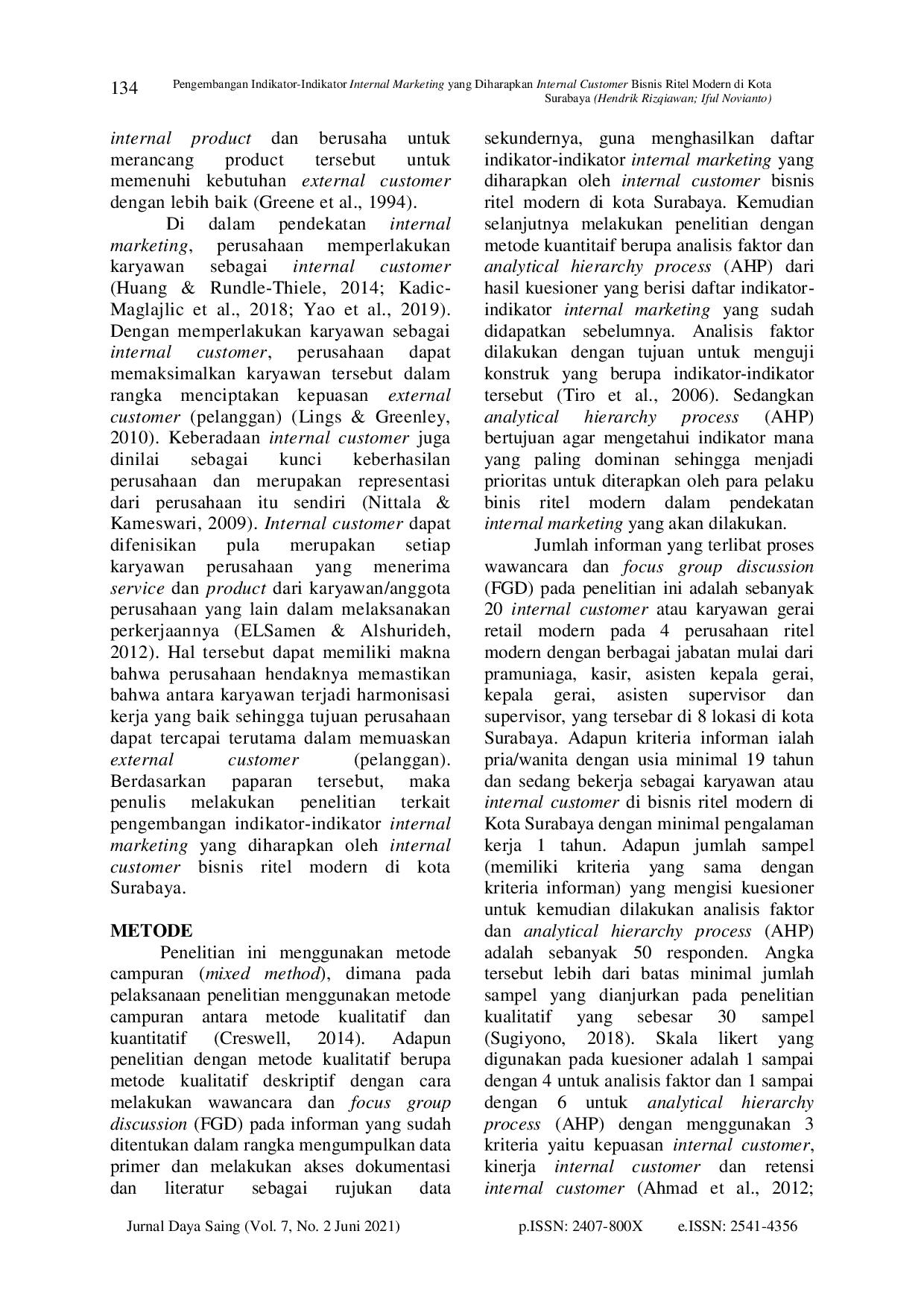 juris Pengembangan Indikator Internal Marketing yang Diharapkan Internal Customer Bisnis Ritel Modern di Kota Surabaya