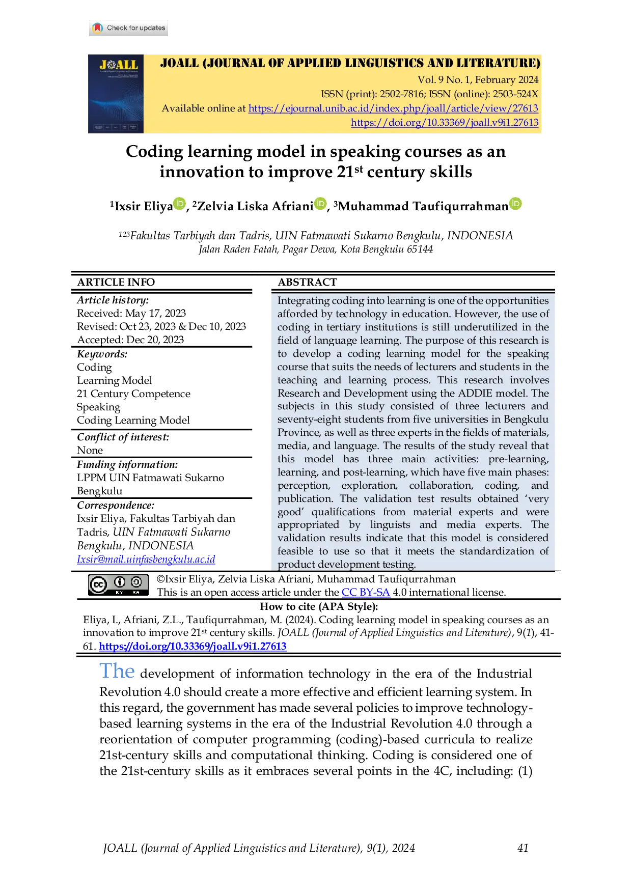JURIS Coding learning model in speaking courses as an innovation to improve 21st century skills