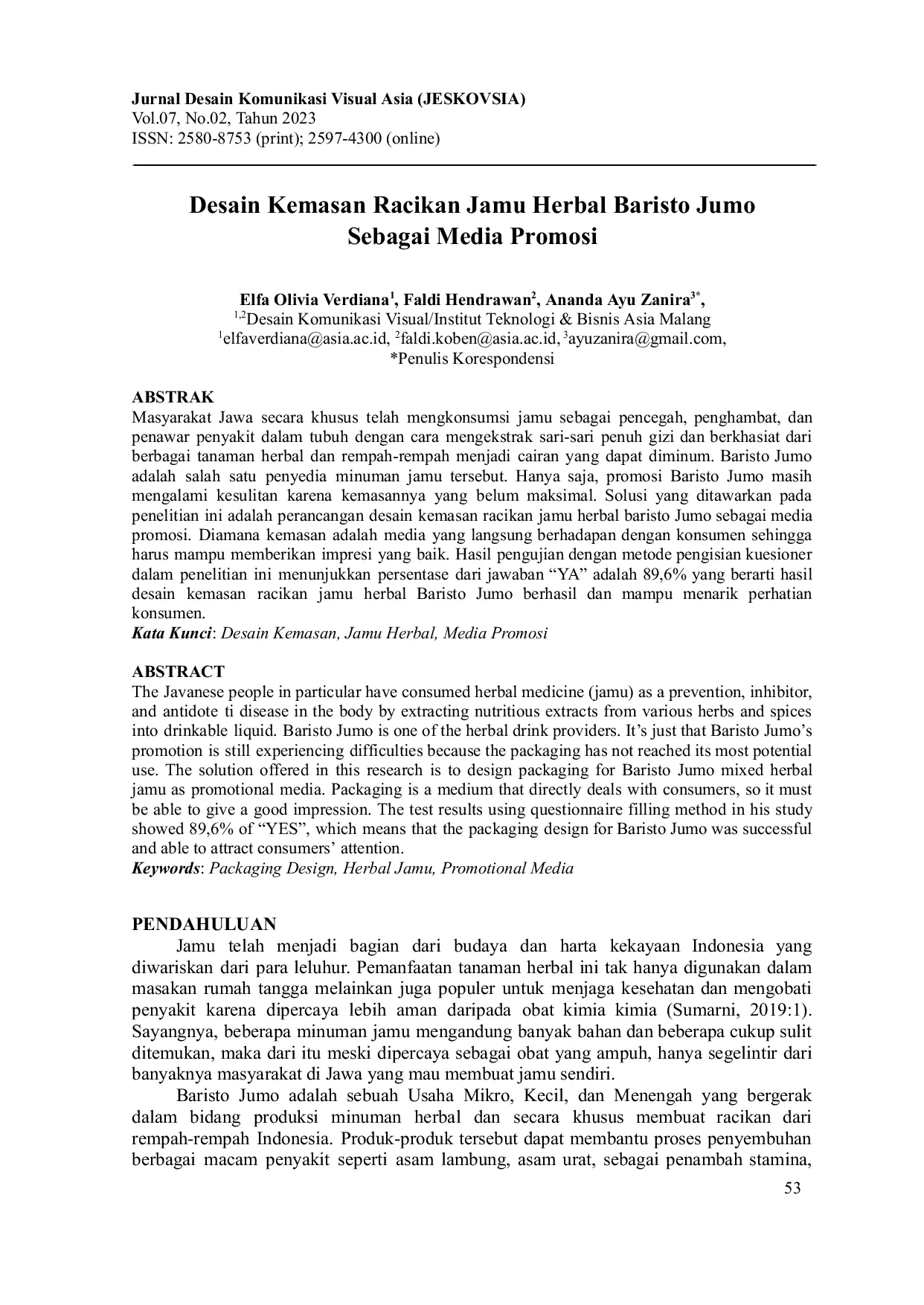 JURIS Desain Kemasan Racikan Jamu Herbal Baristo Jumo Sebagai Media Promosi