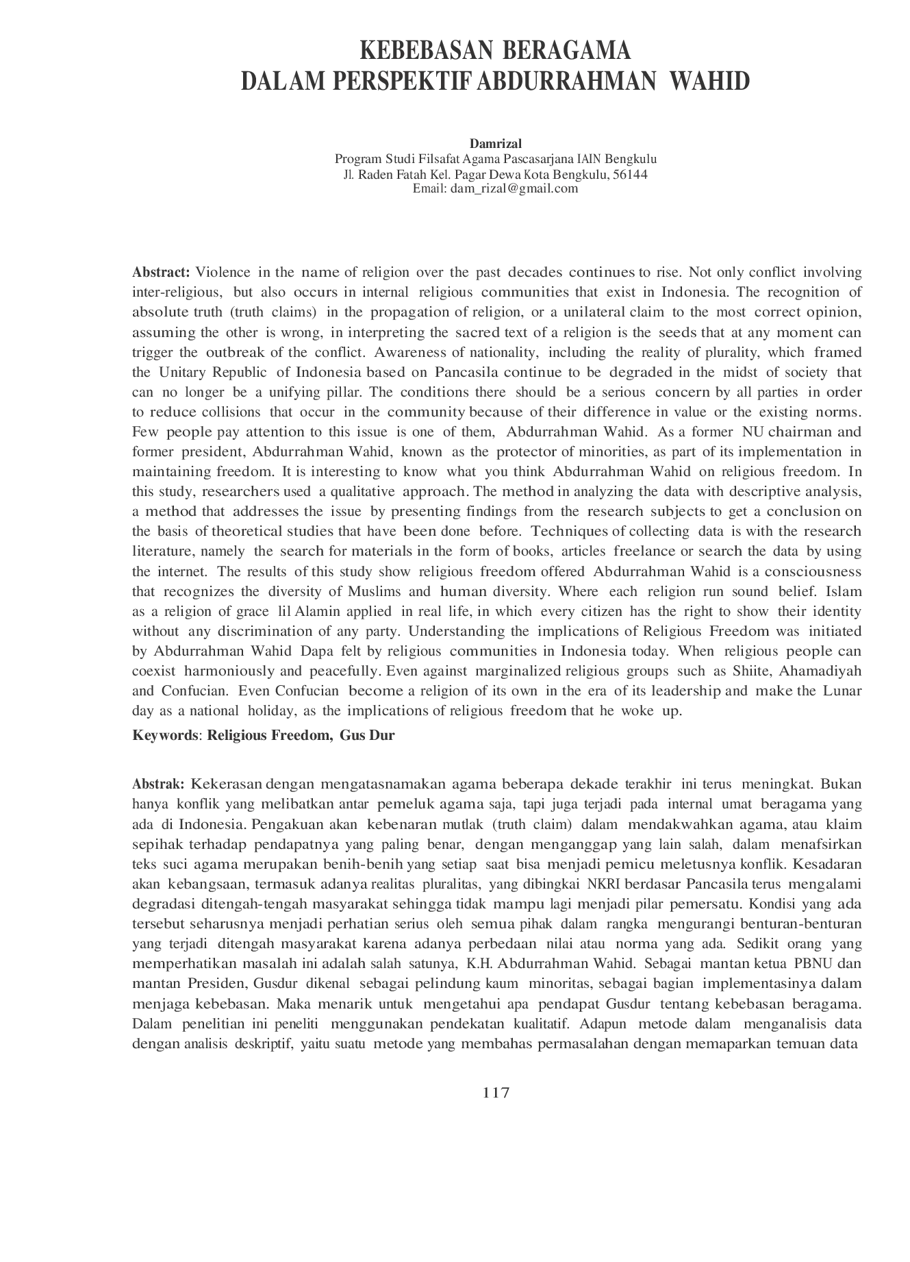 JURIS Kebebasan Beragama Dalam Perspektif Abdurrahman Wahid