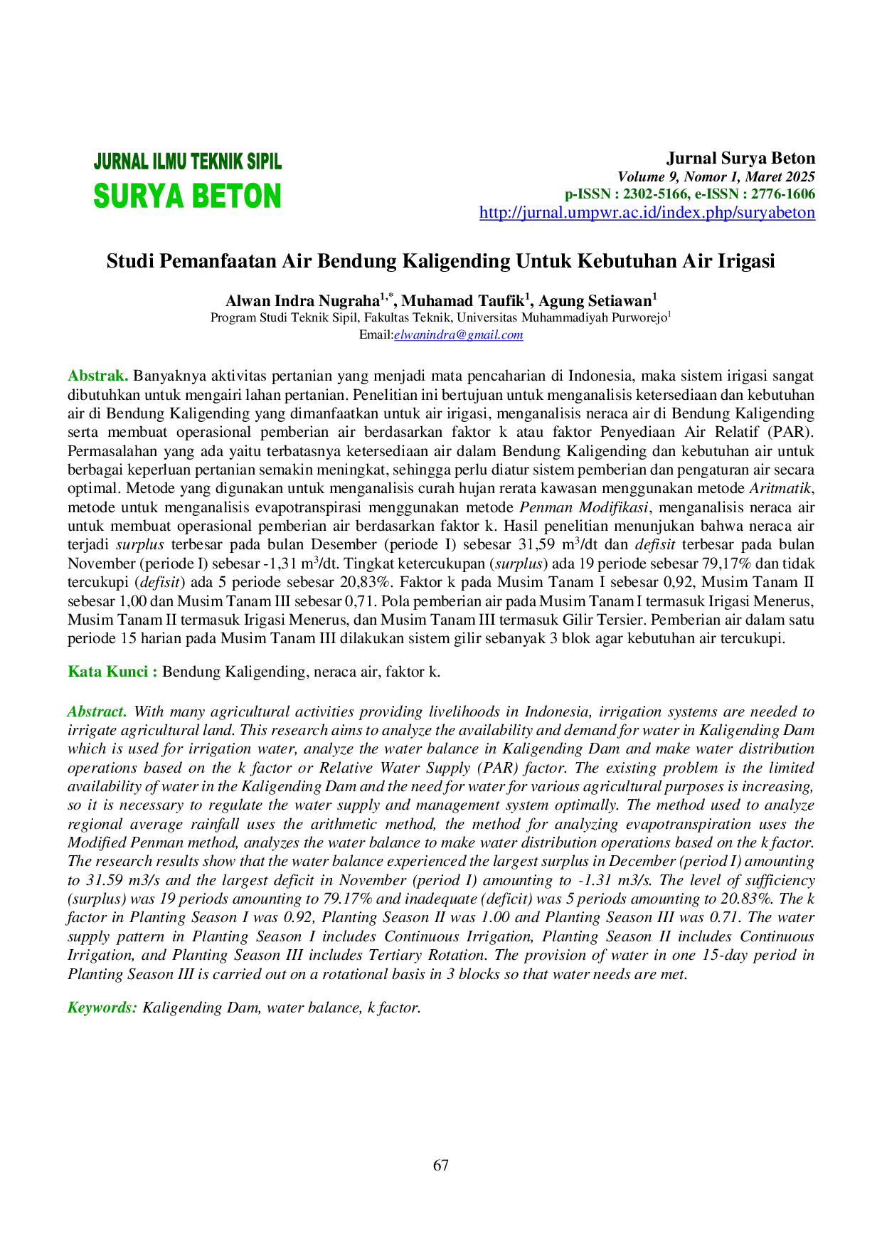 JURIS Studi Pemanfaatan Air Bendung Kaligending Untuk Kebutuhan Air Irigasi