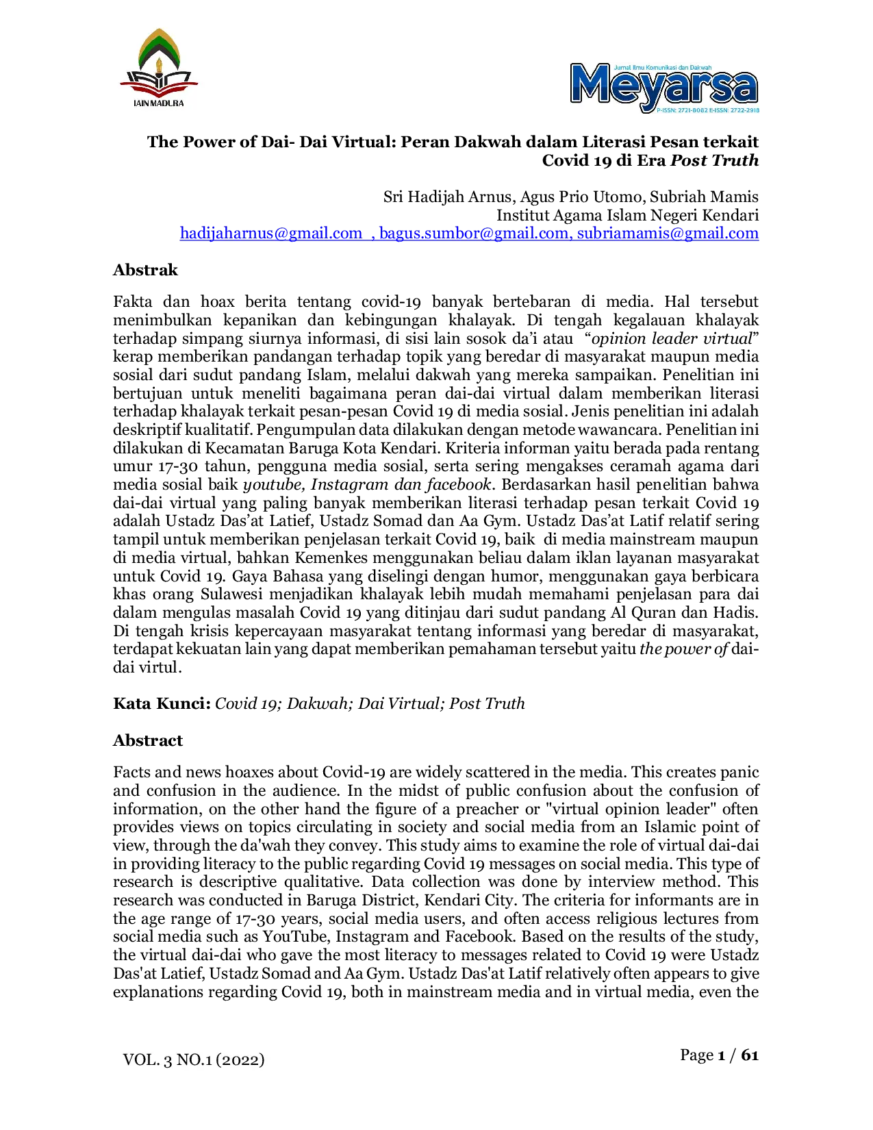 JURIS The Power of Dai Dai Virtual Peran Dakwah dalam Literasi Pesan terkait Covid 19 di Era Post Truth
