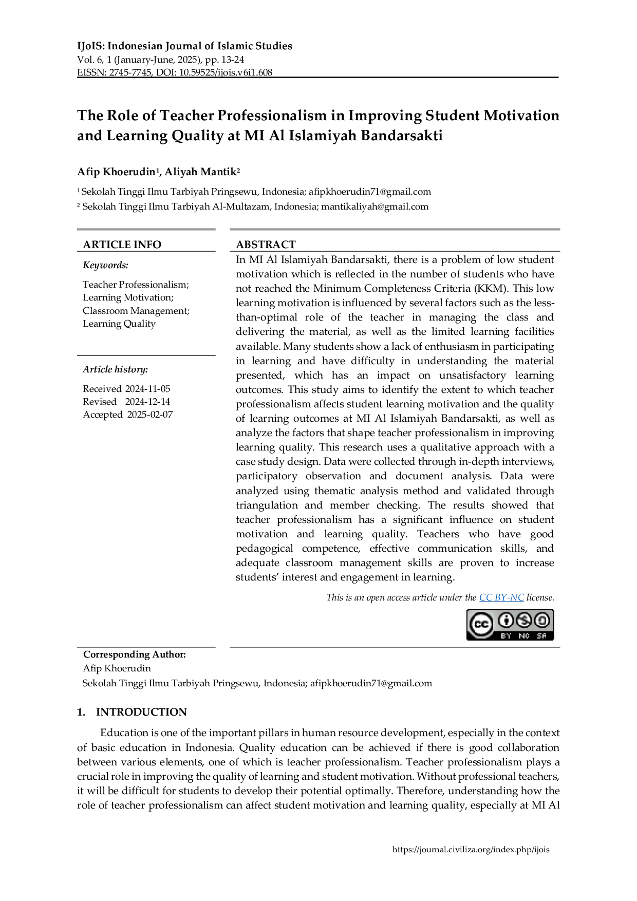 JURIS The Role of Teacher Professionalism in Improving Student Motivation and Learning Quality at MI Al Islamiyah Bandarsakti