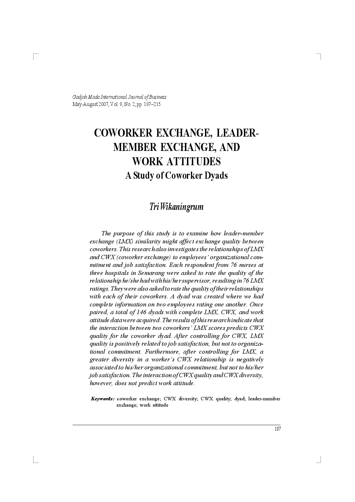 juris Coworker Exchange Leader Member Exchange and Work Attitudes P A Study of Coworker Dyads