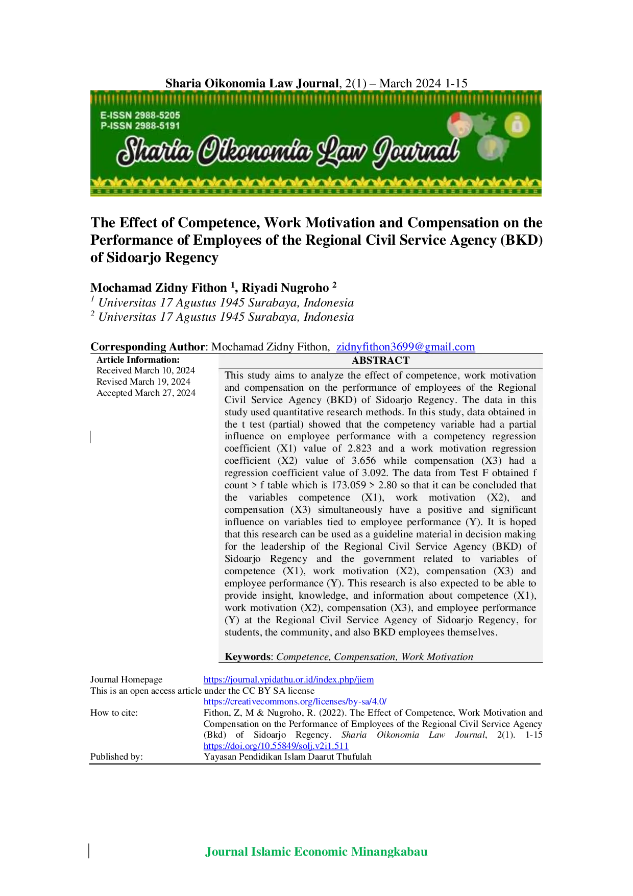 JURIS The Effect of Competence Work Motivation and Compensation on the Performance of Employees of the Regional Civil Service Agency BKD of Sidoarjo Regency