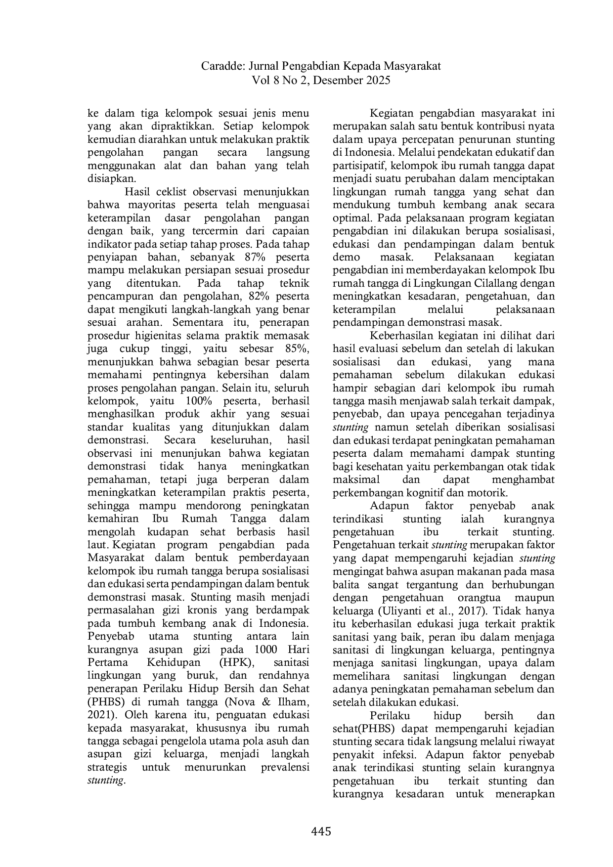 JURIS Pemberdayaan Kelompok Ibu Rumah Tangga melalui Pelatihan Sanitasi Pengolahan Makanan sebagai Upaya Pencegahan Stunting