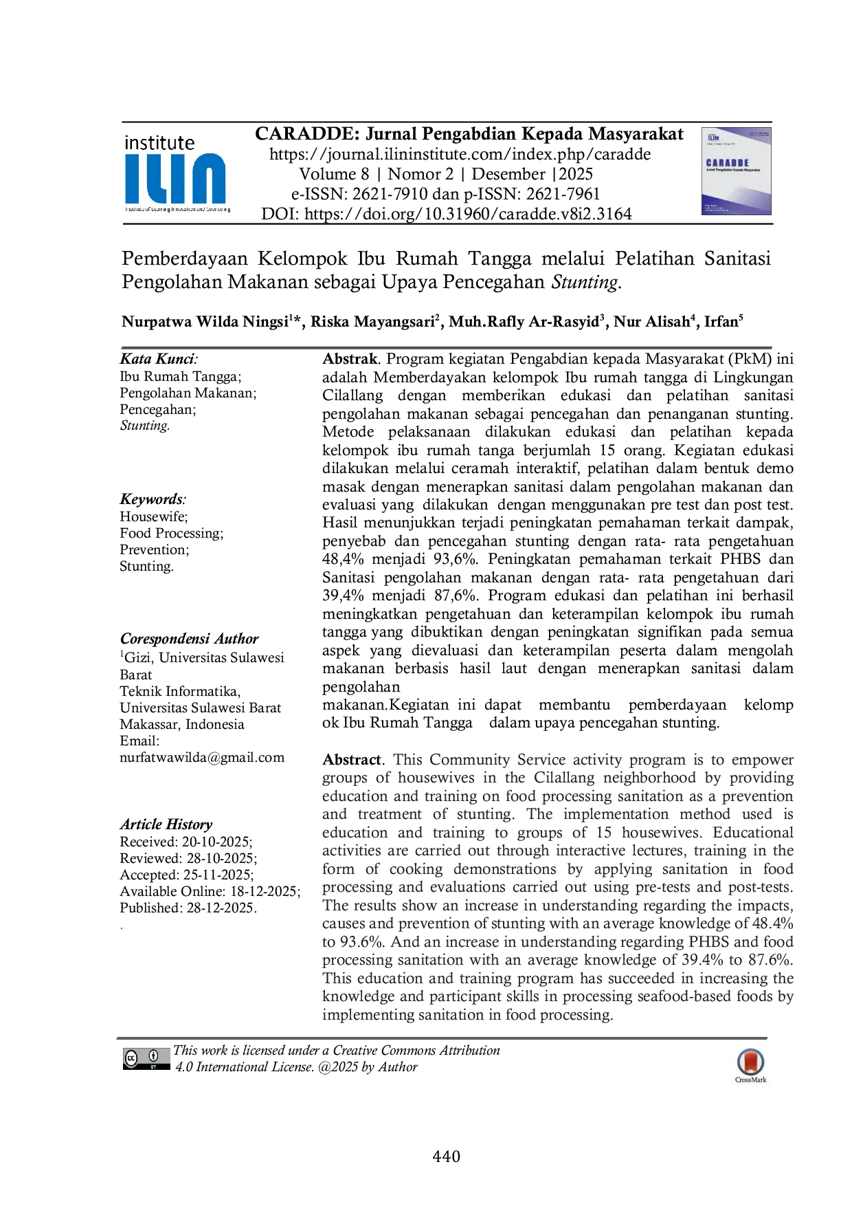 JURIS Pemberdayaan Kelompok Ibu Rumah Tangga melalui Pelatihan Sanitasi Pengolahan Makanan sebagai Upaya Pencegahan Stunting