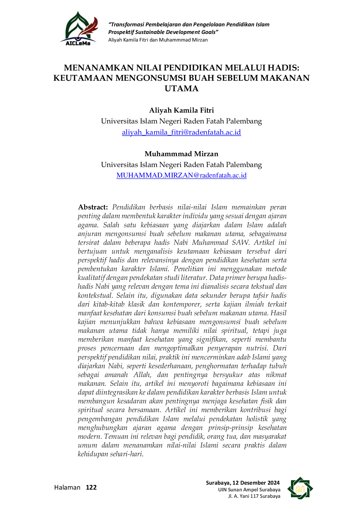 JURIS Menanamkan Nilai Pendidikan Melalui Hadis Keutamaan Mengonsumsi Buah Sebelum Makanan Utama