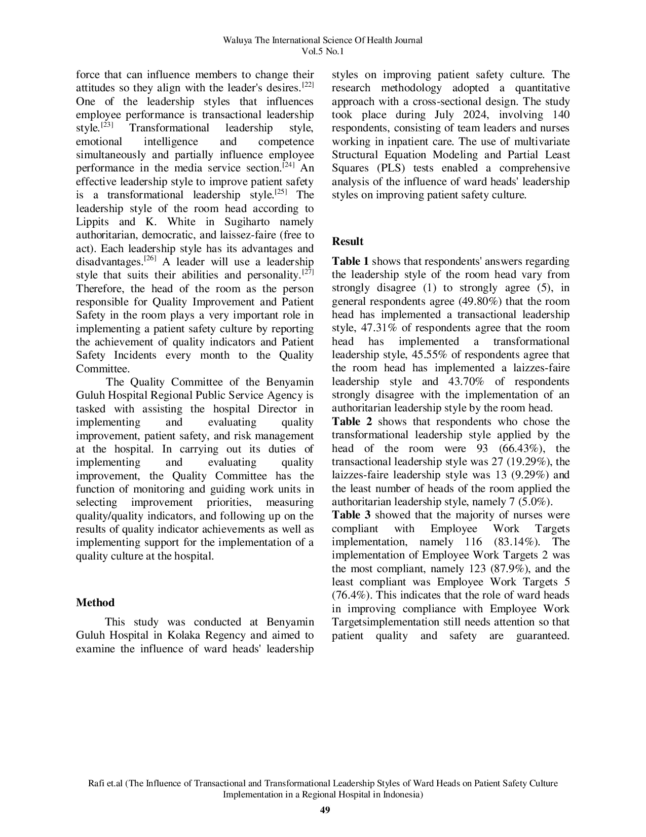 JURIS The Influence of Transactional and Transformational Leadership Styles of Ward Heads on Patient Safety Culture Implementation in a Regional Hospital in Indonesia