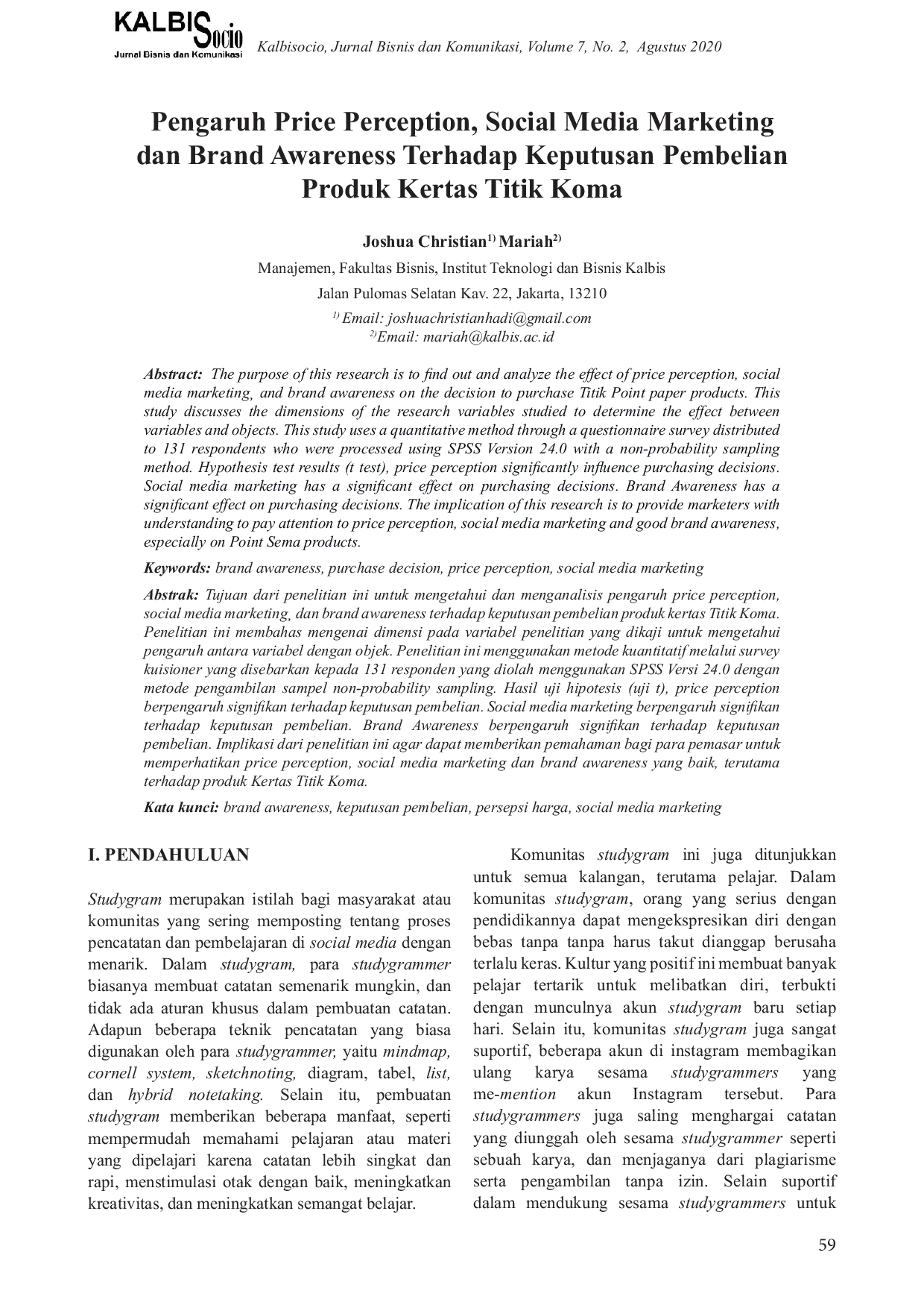 JURIS Pengaruh Price Perception Social Media Marketing Dan Brand Awareness Terhadap Keputusan Pembelian Produk Kertas Titik Koma