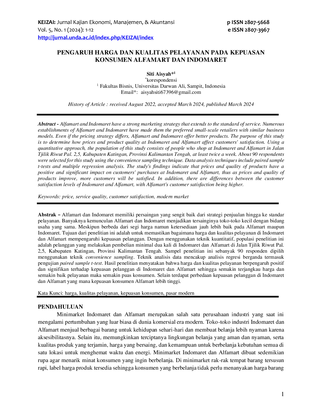 JURIS Pengaruh Harga dan Kualitas Pelayanan pada Kepuasan Konsumen Alfamart dan Indomaret