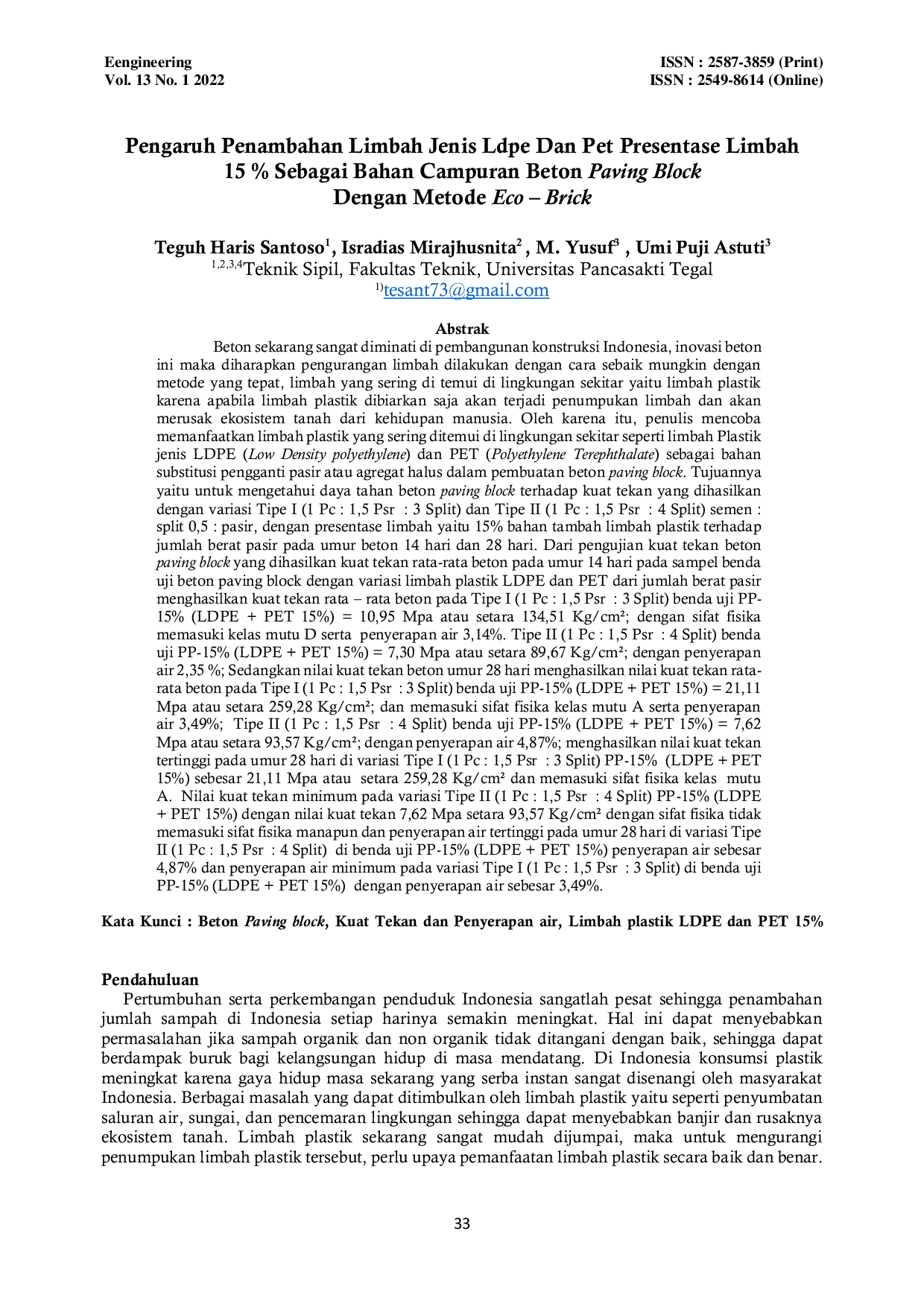 JURIS Pengaruh Penambahan Limbah Jenis Ldpe Dan Pet Presentase Limbah 15 Sebagai Bahan Campuran Beton Paving Block Dengan Metode Eco Brick