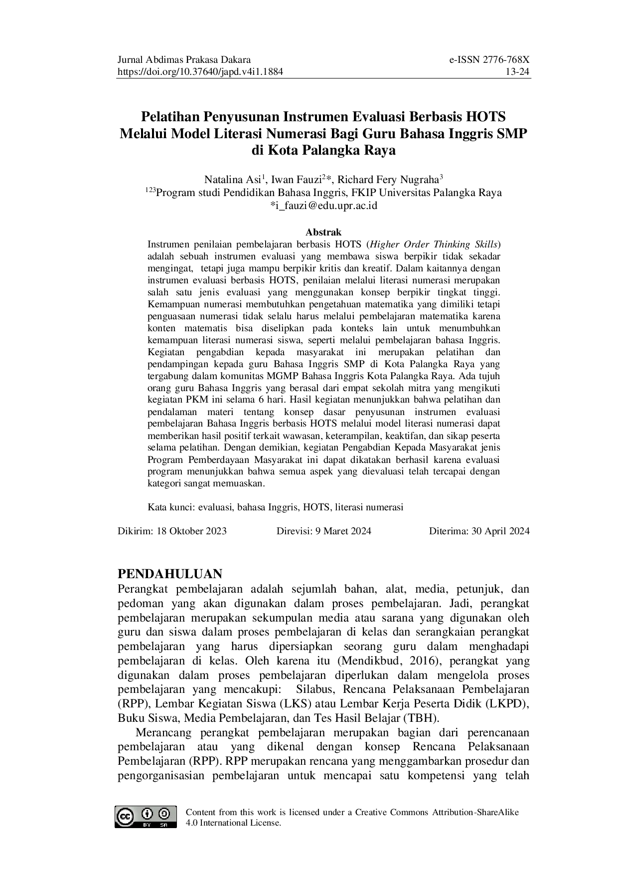 juris Pelatihan Penyusunan Instrumen Evaluasi Berbasis HOTS Melalui Model Literasi Numerasi Bagi Guru Bahasa Inggris SMP di Kota Palangka Raya