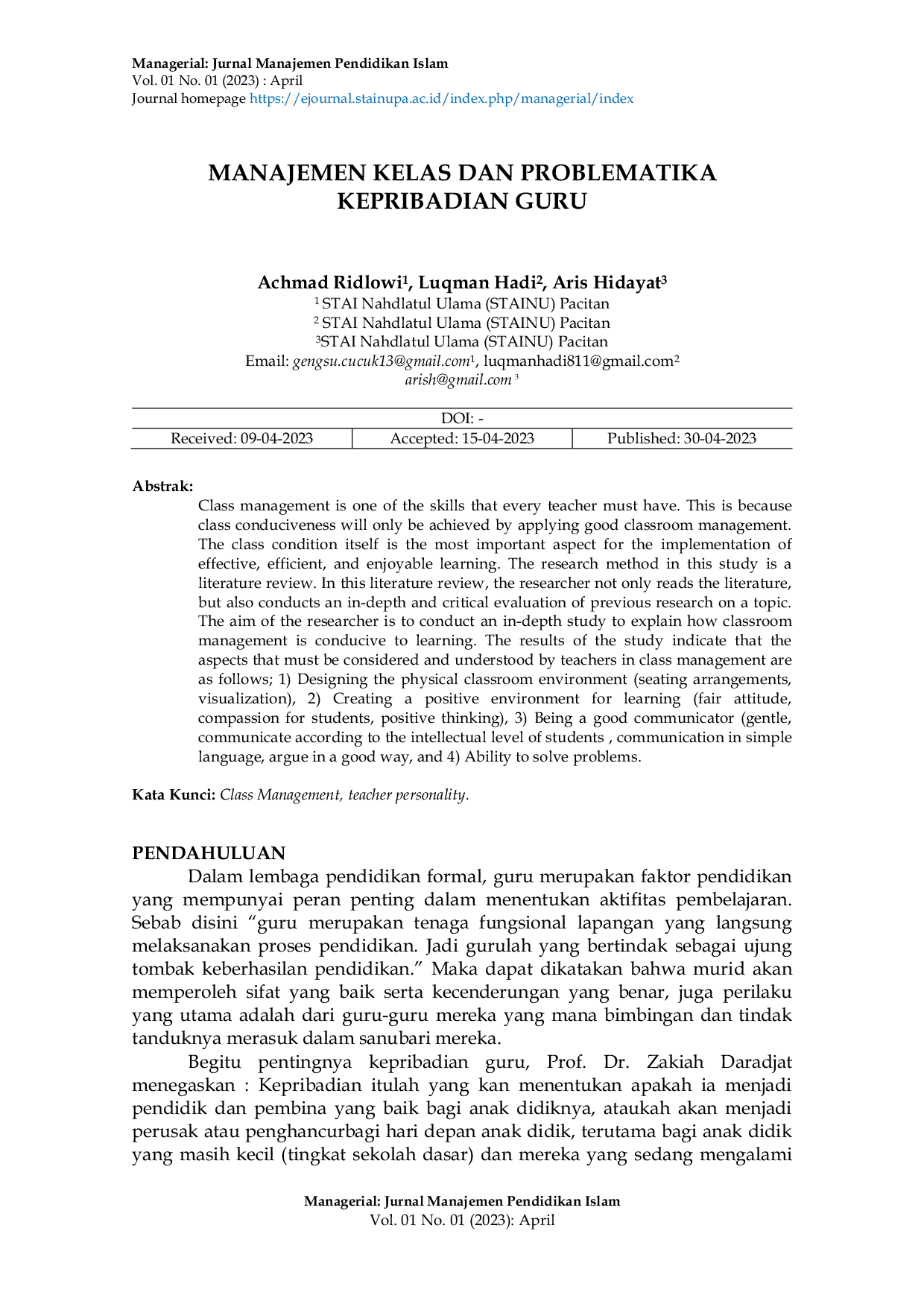 JURIS Manajemen Kelas Dan Problematika Kepribadian Guru