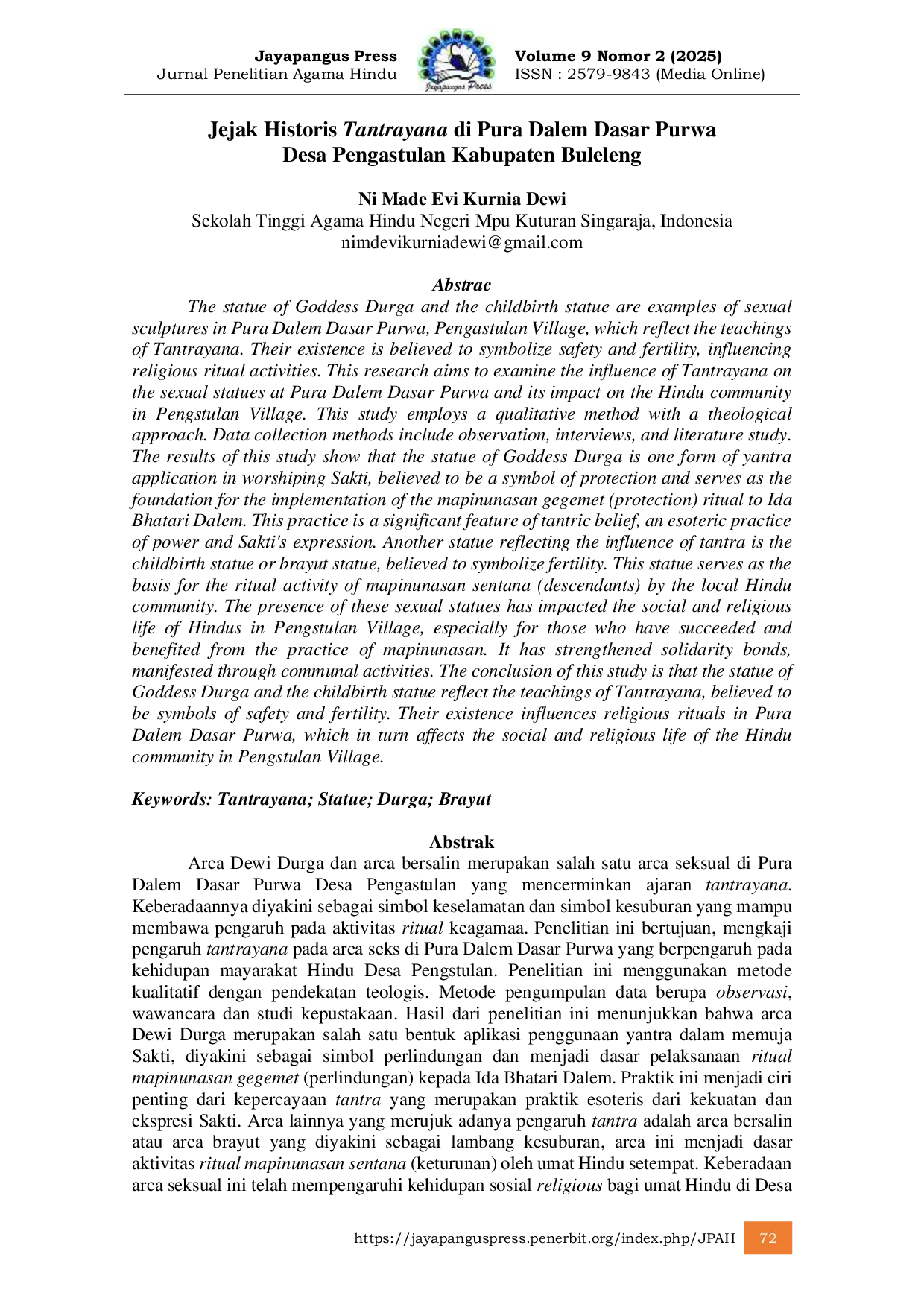 JURIS Jejak Historis Tantrayana di Pura Dalem Dasar Purwa Desa Pengastulan Kabupaten Buleleng