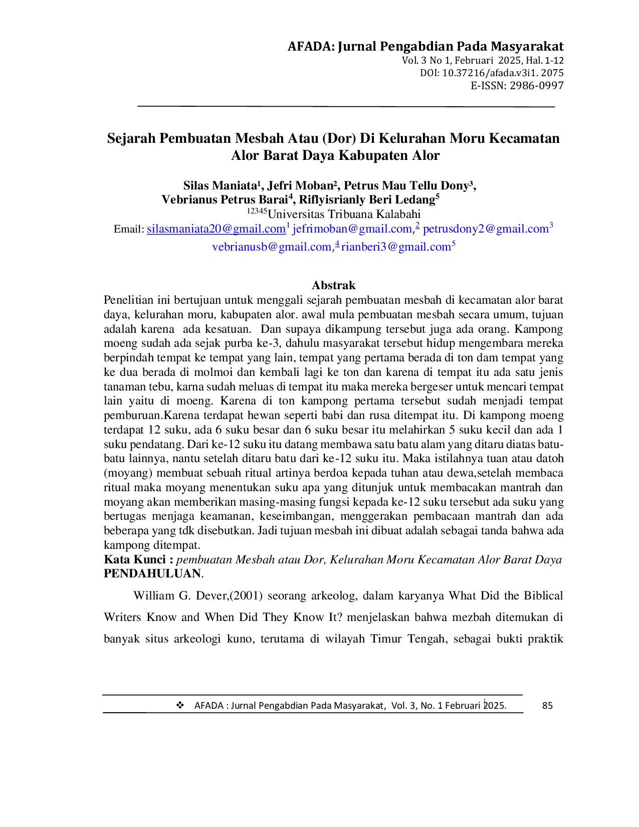 JURIS Sejarah Pembuatan Mesbah Atau Dor Di Kelurahan Moru Kecamatan Alor Barat Daya Kabupaten Alor