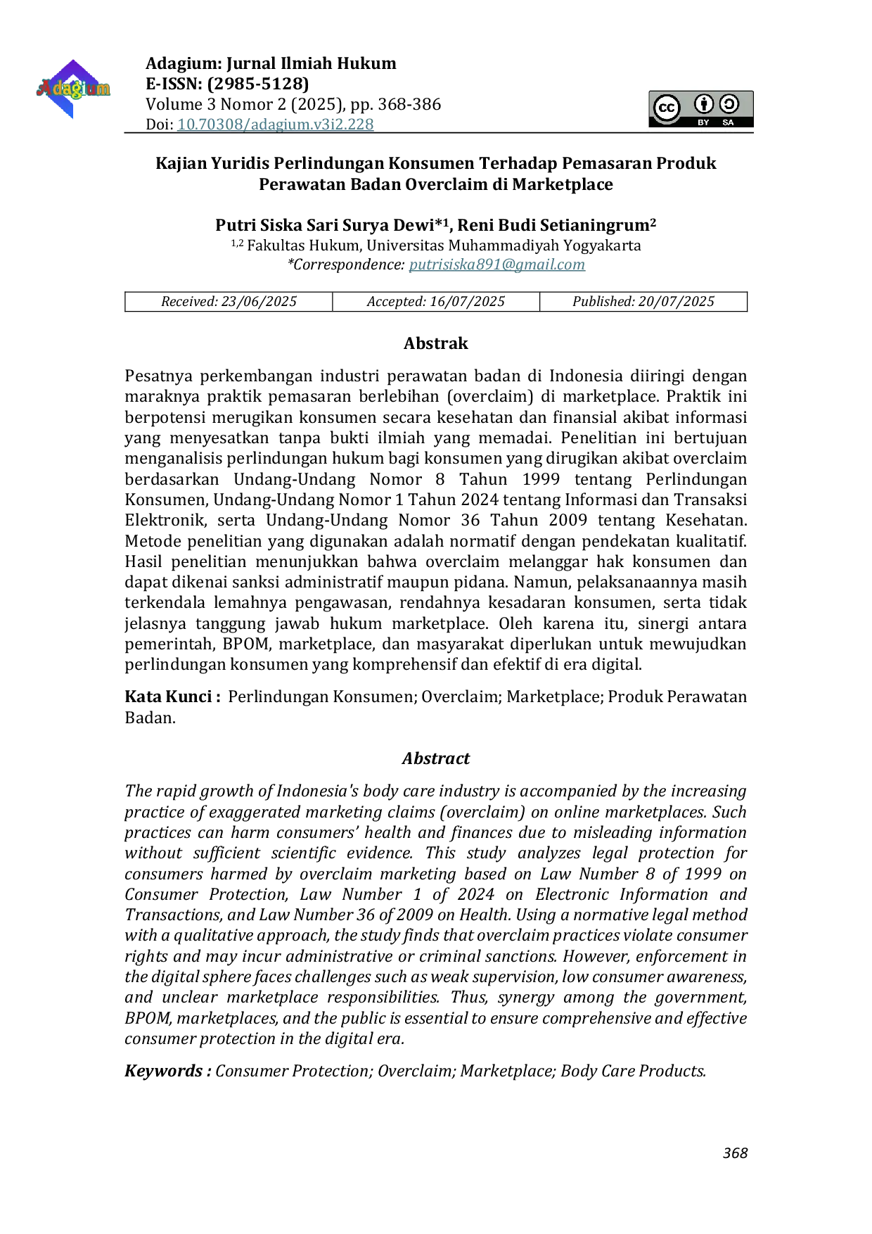 JURIS Juridical Review of Consumer Protection Against Overclaimed Body Care Product Marketing on Marketplaces