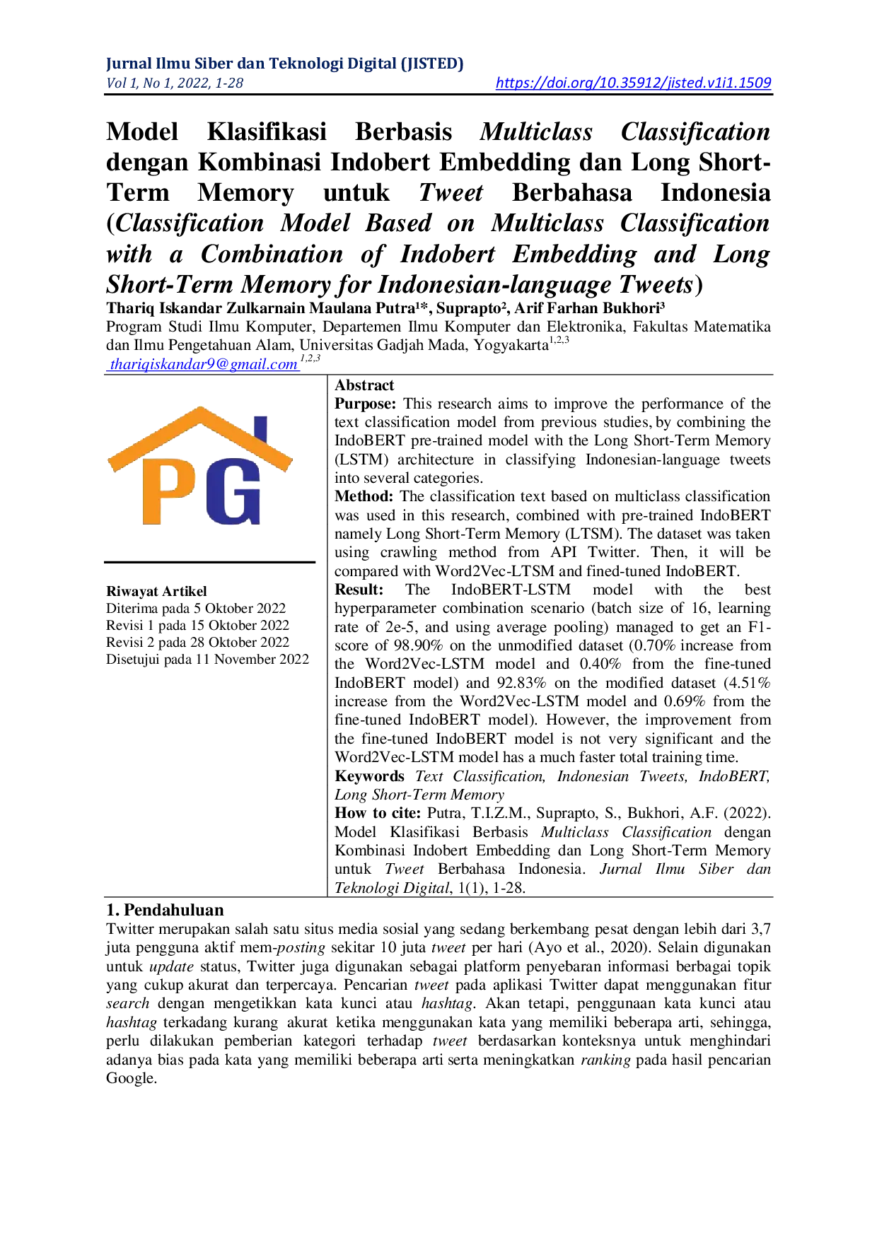 JURIS Model Klasifikasi Berbasis Multiclass Classification dengan Kombinasi Indobert Embedding dan Long Short Term Memory untuk Tweet Berbahasa Indonesia