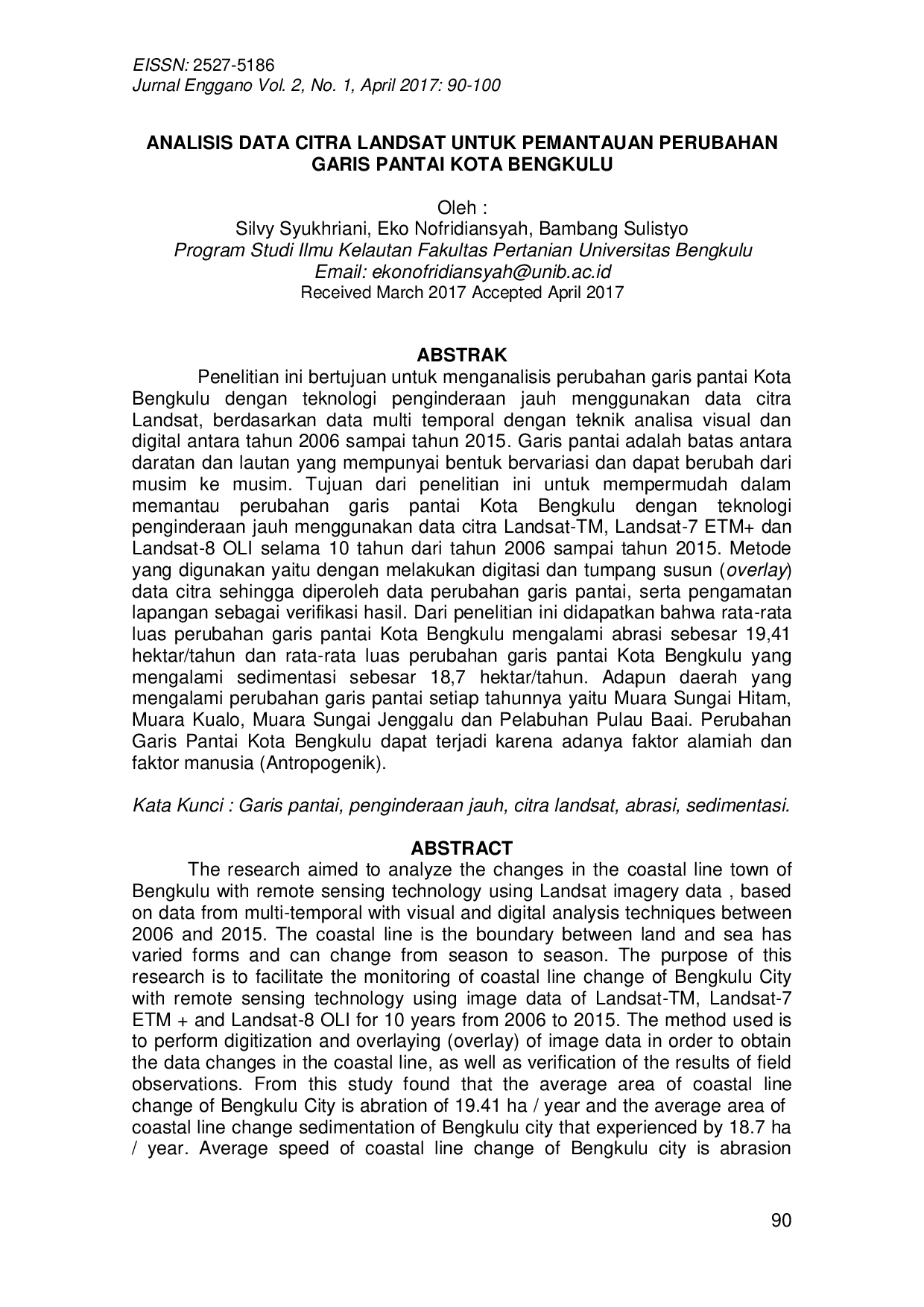 JURIS Analisis Data Citra Landsat Untuk Pemantauan Perubahan Garis Pantai Kota Bengkulu