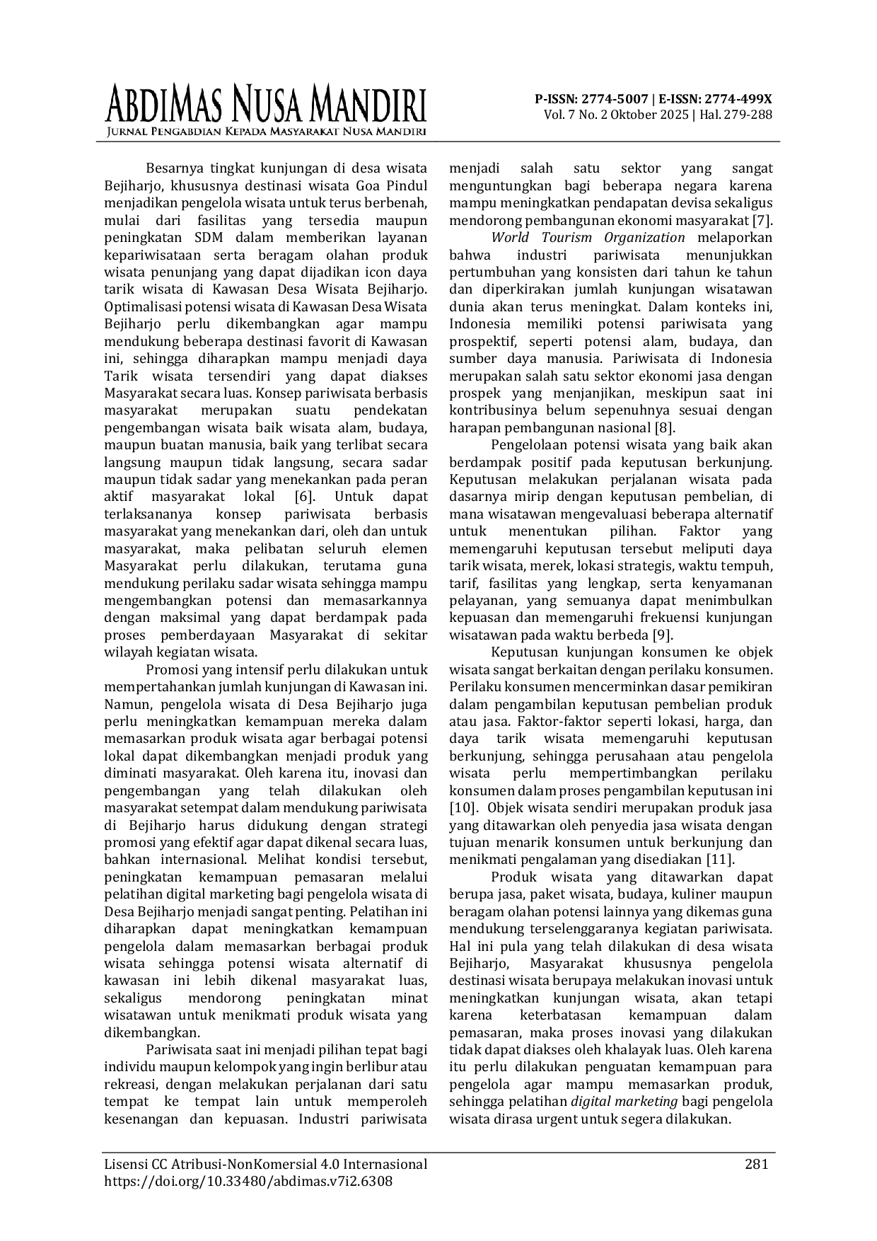 JURIS Peningkatan Kemampuan Digital Marketing Pelaku Usaha Di Desa Wisata Bejiharjo