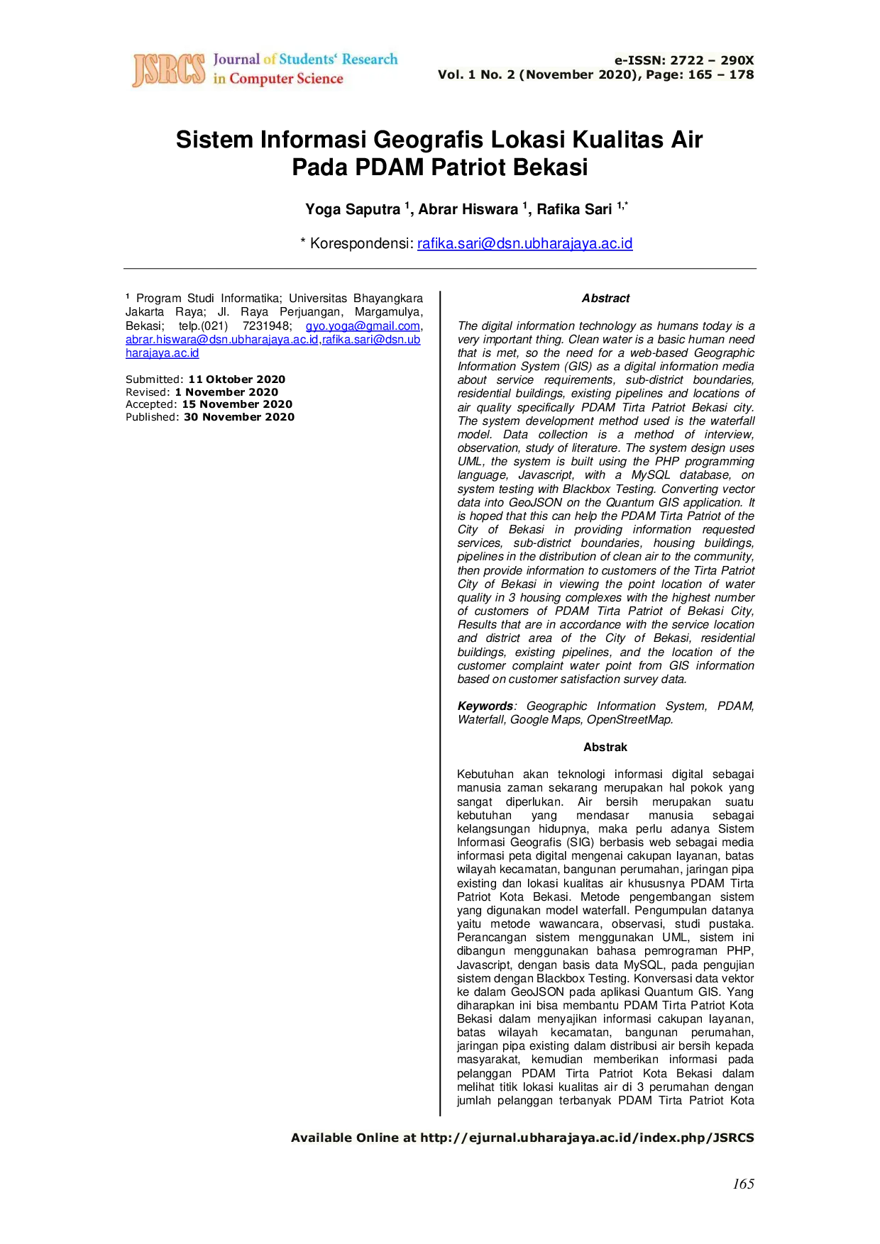 JURIS Sistem Informasi Geografis Lokasi Kualitas Air Pada PDAM Patriot Bekasi